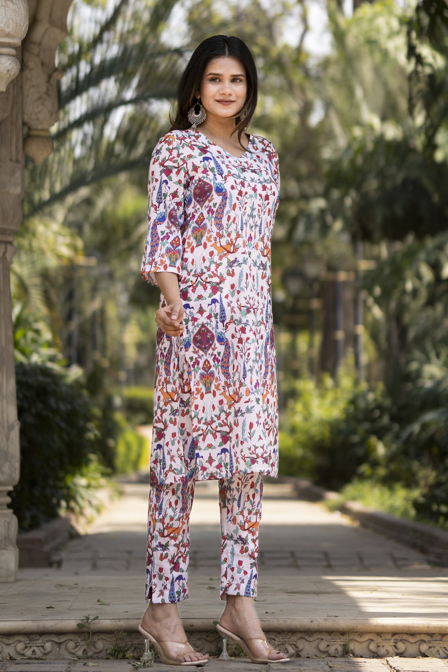 White Printed Muslin Straight Kurta Pants Set