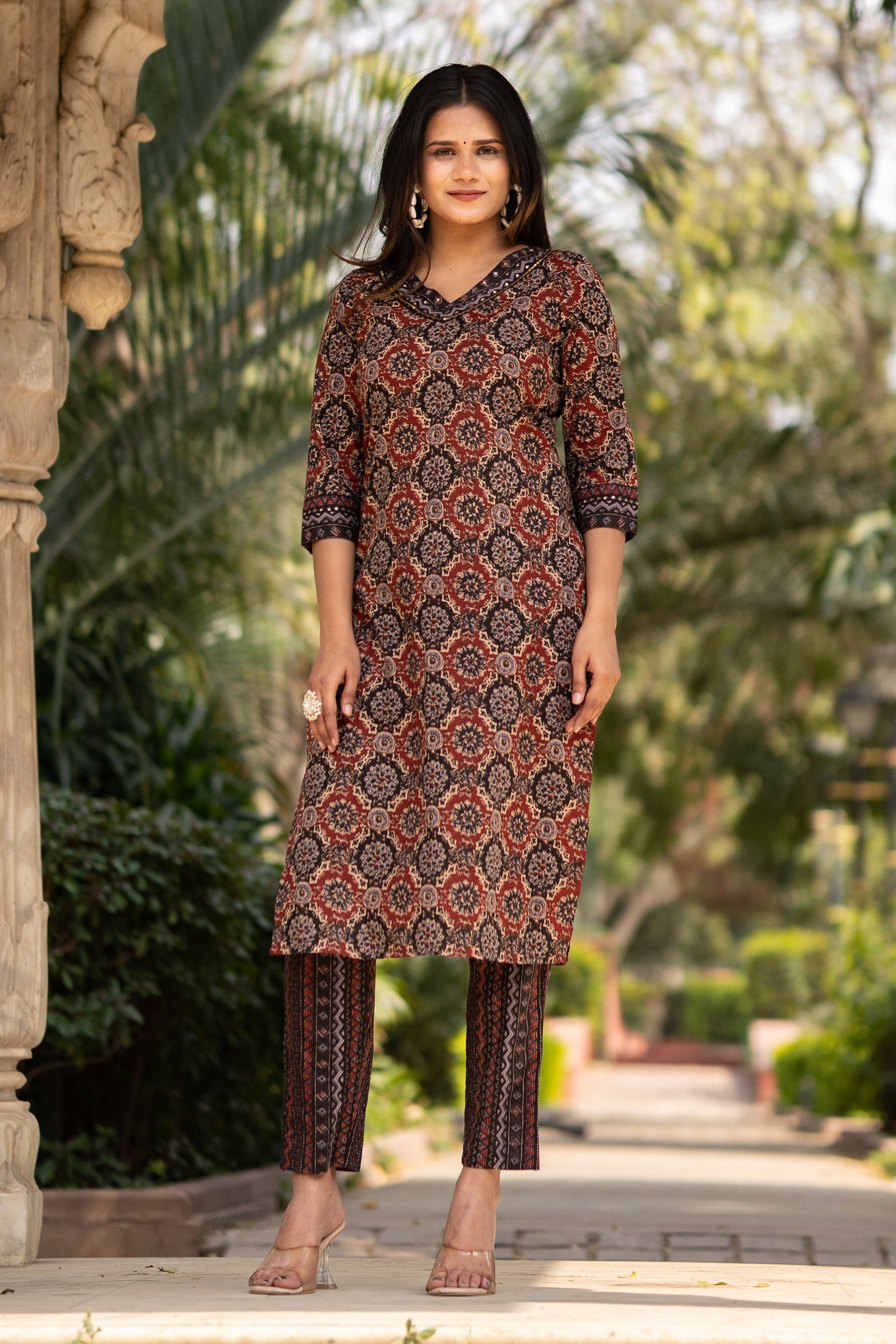 Maroon Printed Cotton Straight Kurta Pants Set