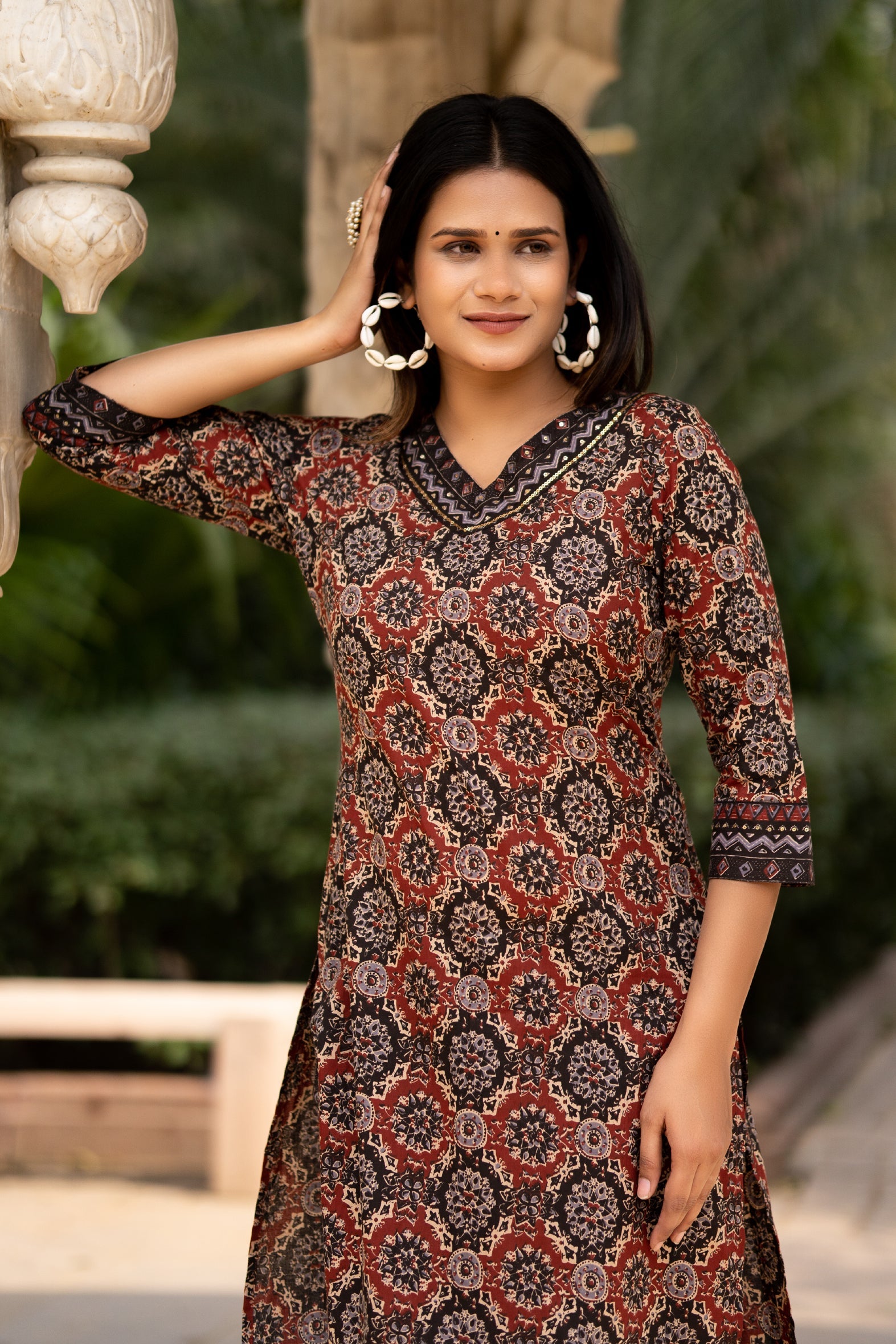 Maroon Printed Cotton Straight Kurta Pants Set