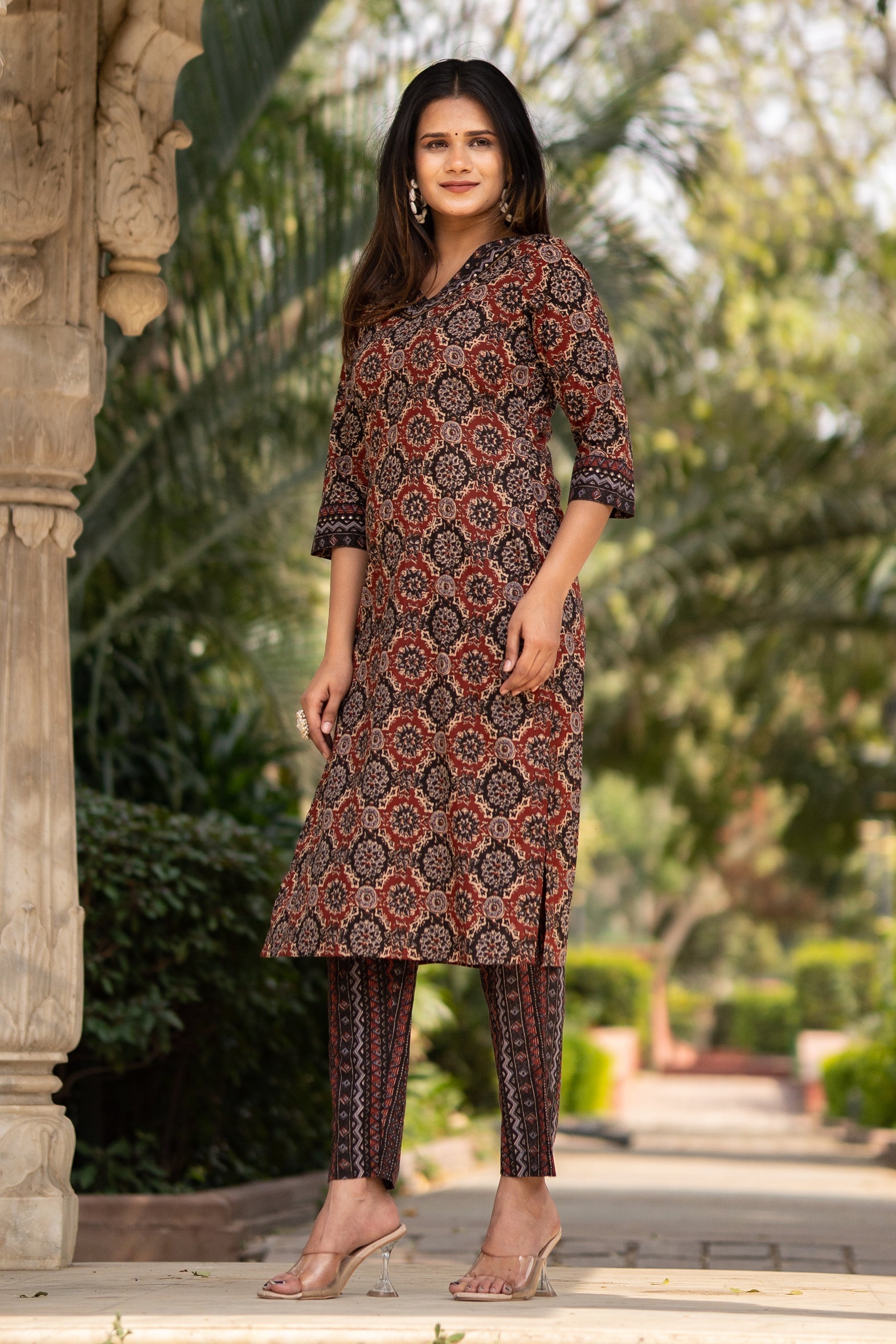 Maroon Printed Cotton Straight Kurta Pants Set