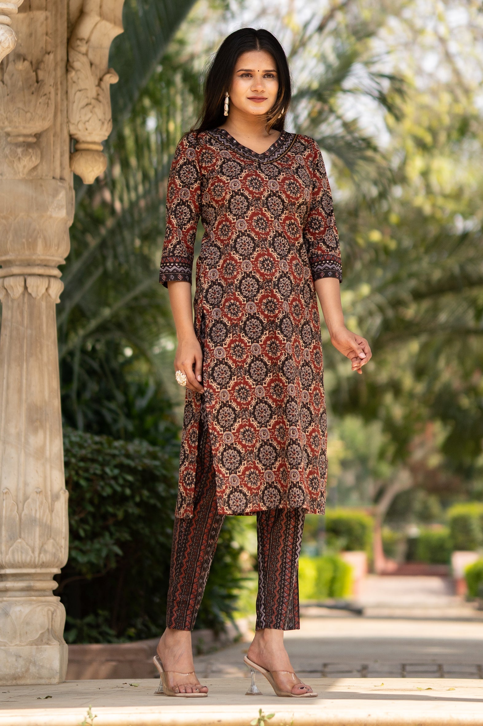 Maroon Printed Cotton Straight Kurta Pants Set