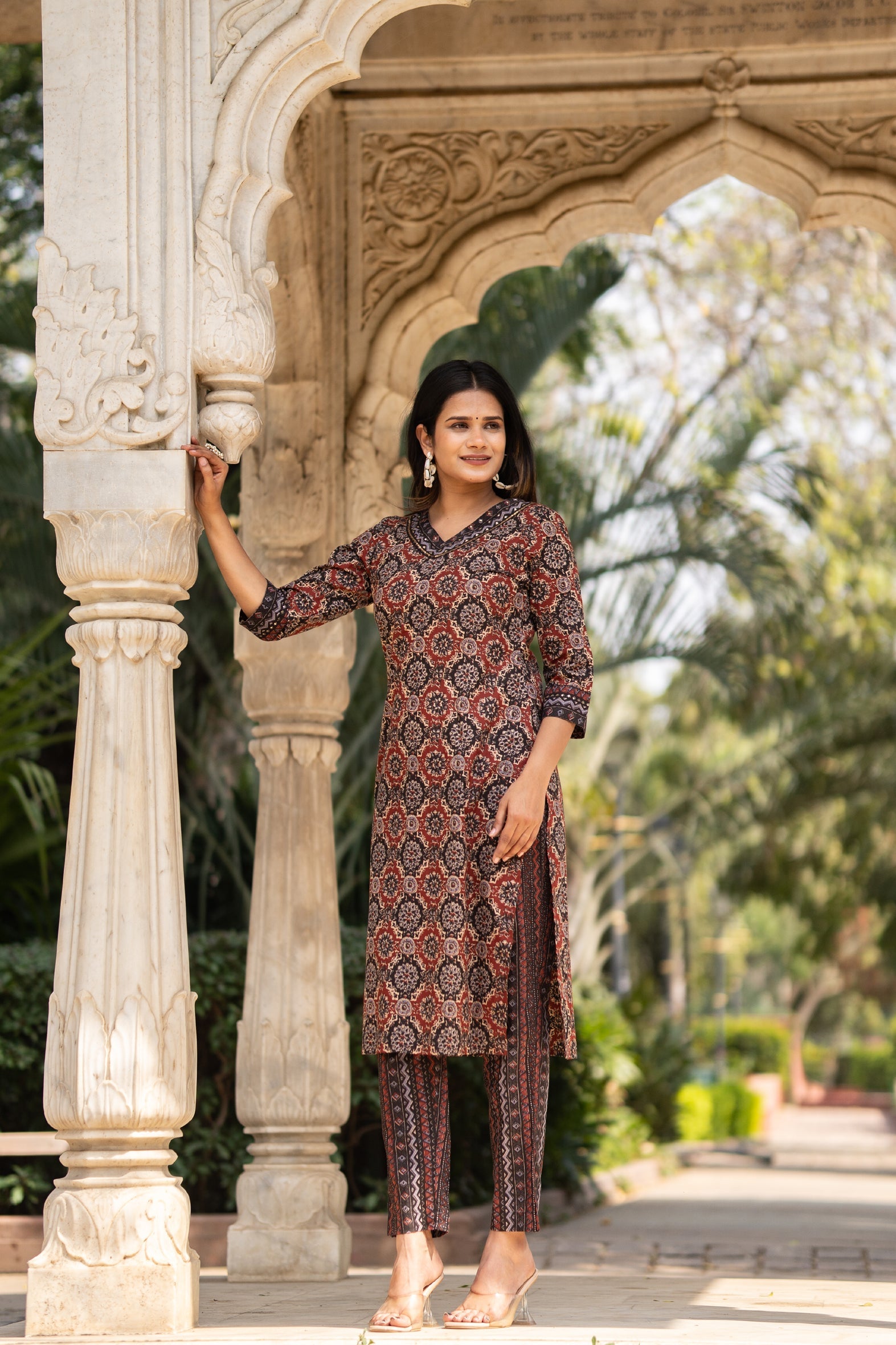 Maroon Printed Cotton Straight Kurta Pants Set