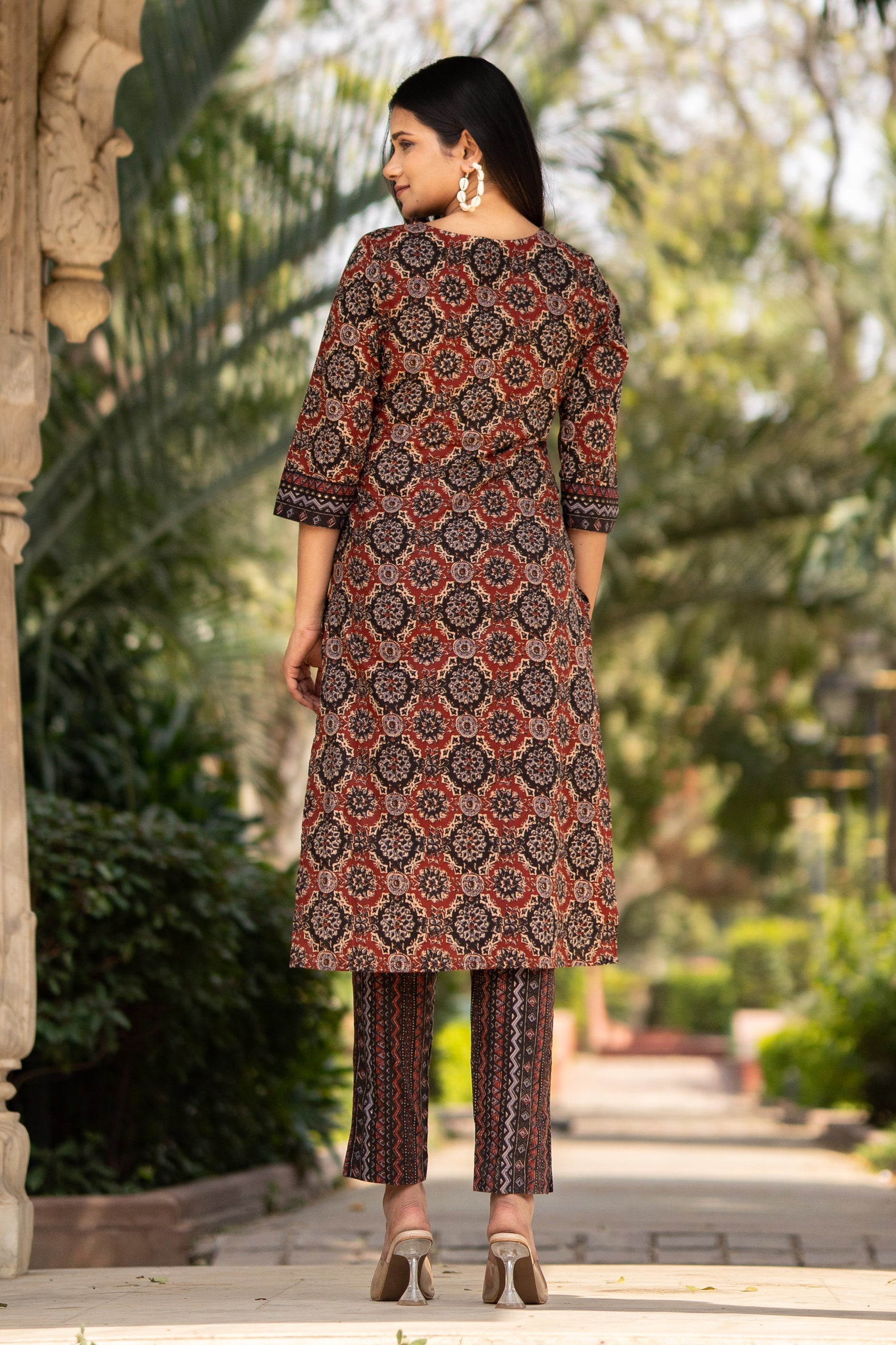 Maroon Printed Cotton Straight Kurta Pants Set