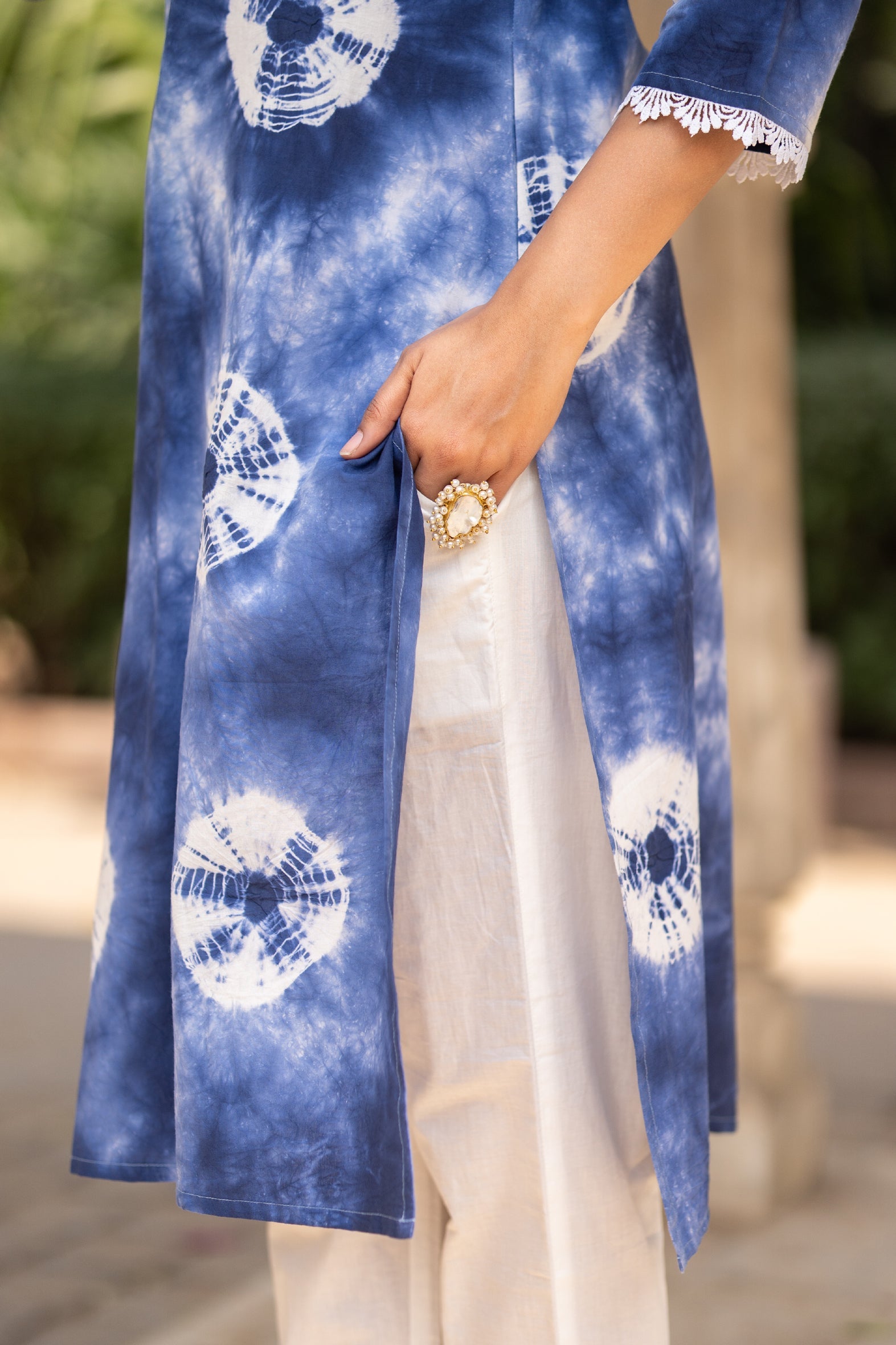 Blue Tie Dye Spiral Print Cotton Kurta Pants Set