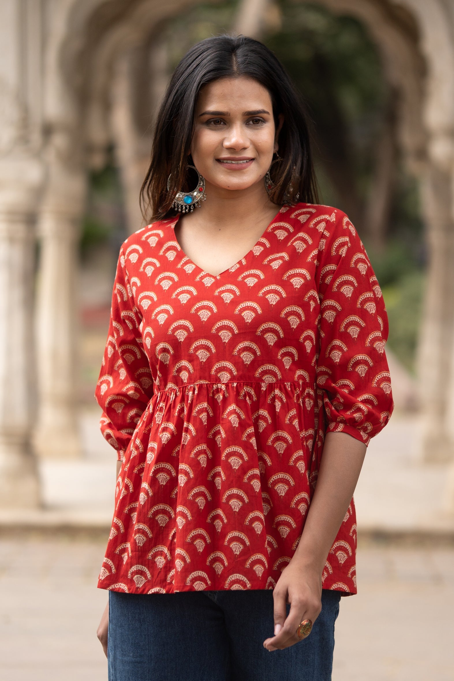 Red Flared Cotton Printed Short Top with Button Sleeves