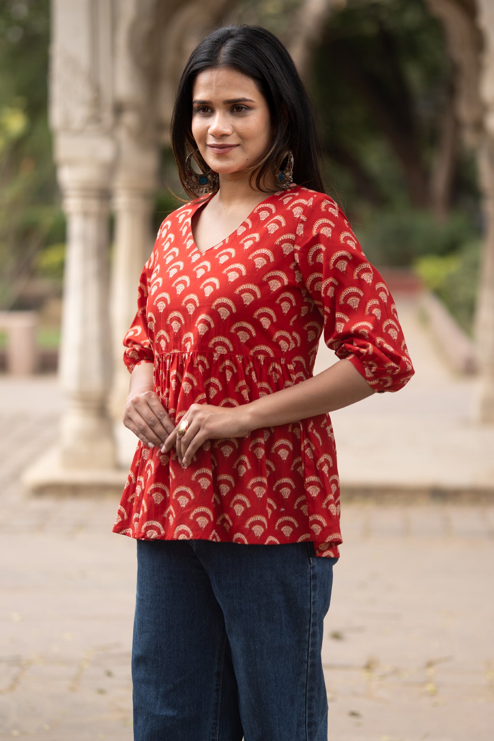 Red Flared Cotton Printed Short Top with Button Sleeves