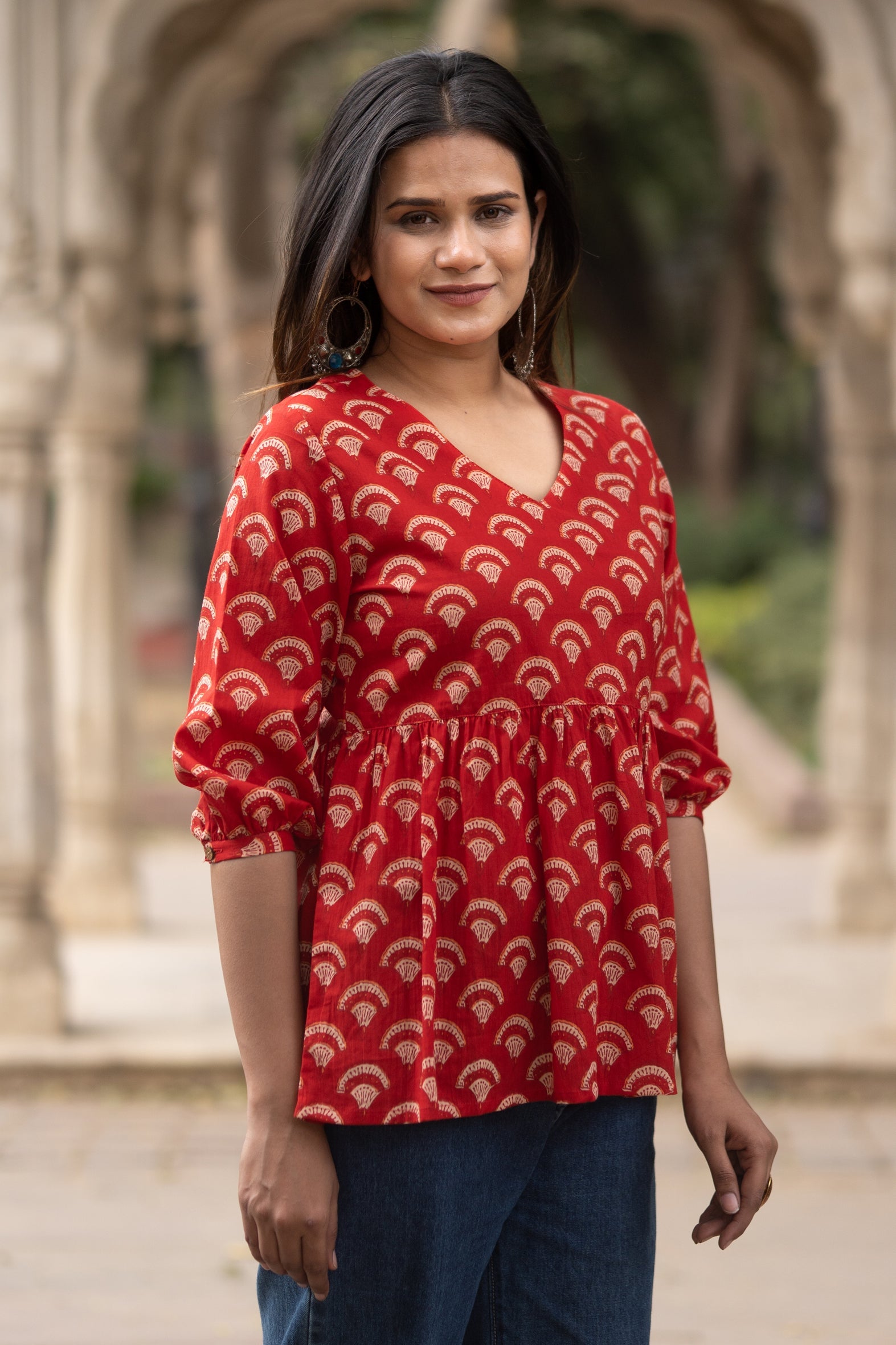Red Flared Cotton Printed Short Top with Button Sleeves