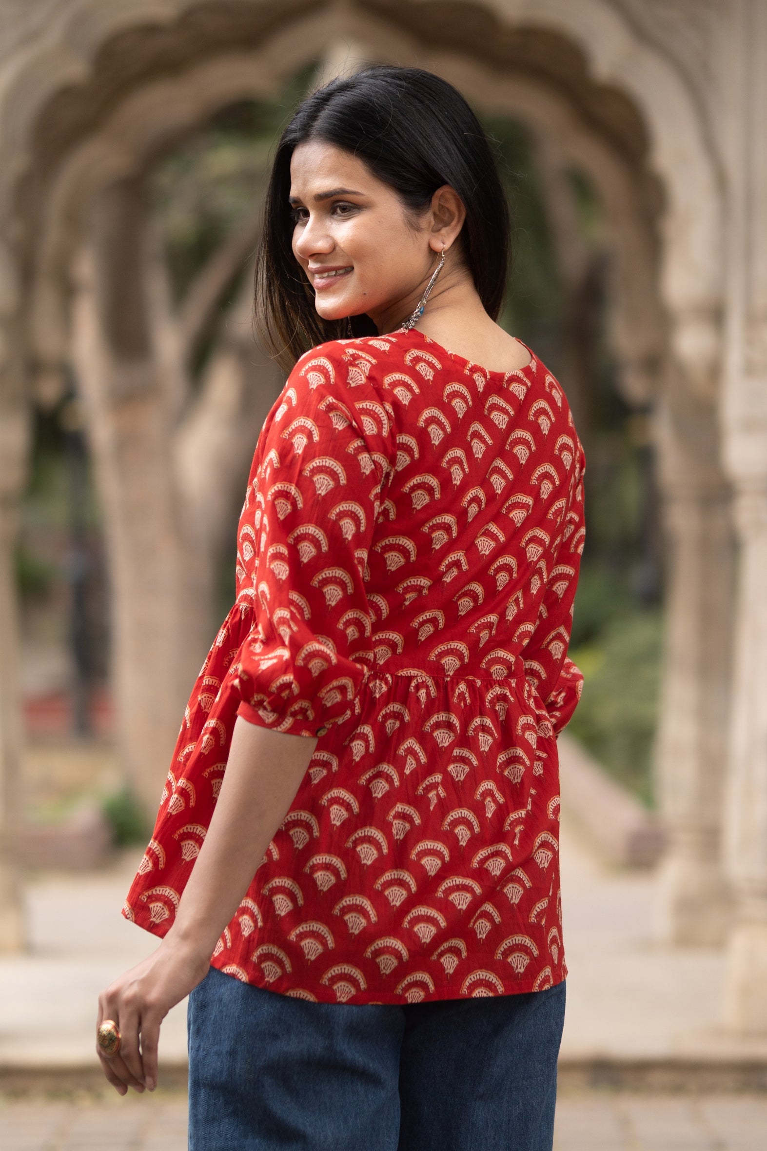 Red Flared Cotton Printed Short Top with Button Sleeves