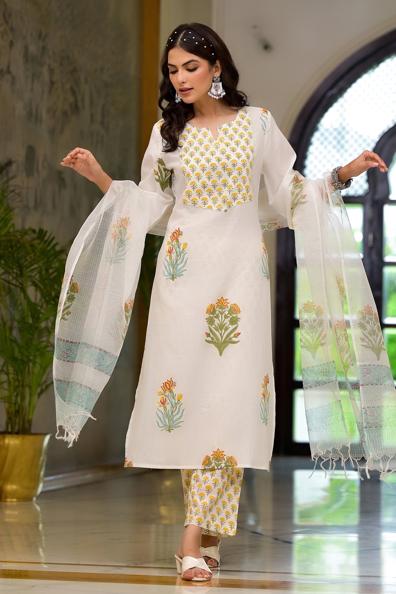 White and Yellow Cotton Mughal Floral Block Printed Kurta Pant Set With Dupatta