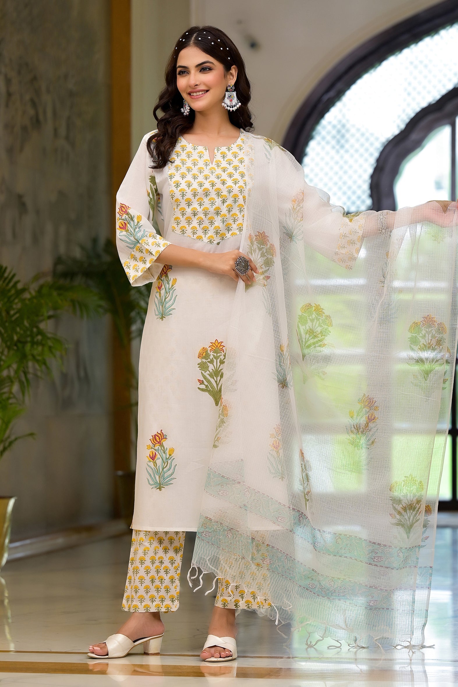 White and Yellow Cotton Mughal Floral Block Printed Kurta Pant Set With Dupatta