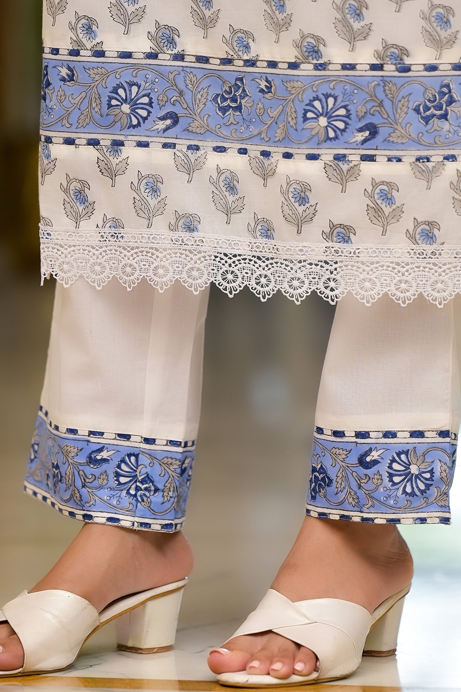 Blue and White Cotton Mughal Floral Block Printed Kurta Pant Set With Dupatta