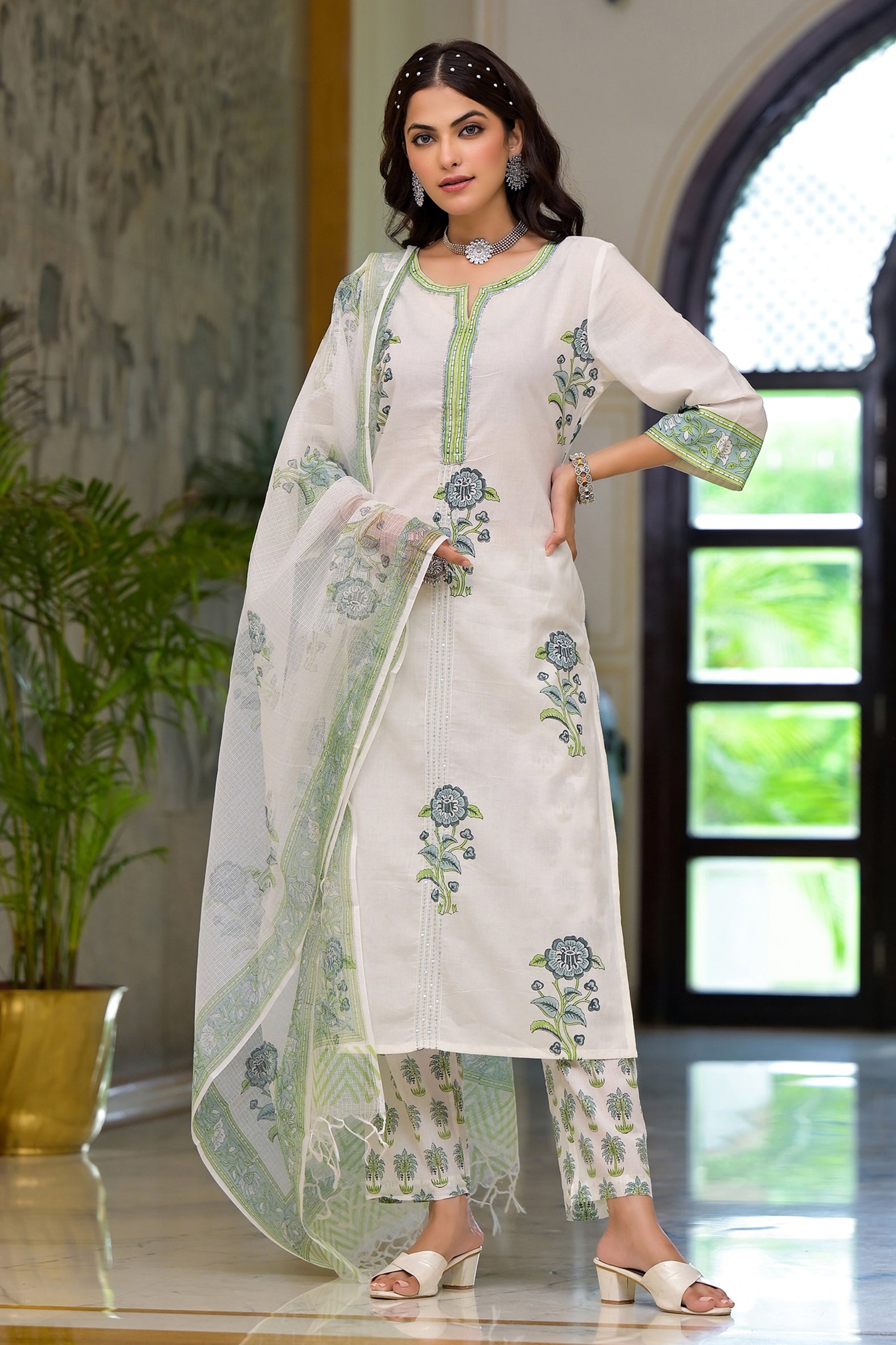 White and Green Cotton Mughal Floral Block Printed Kurta Pant Set With Dupatta