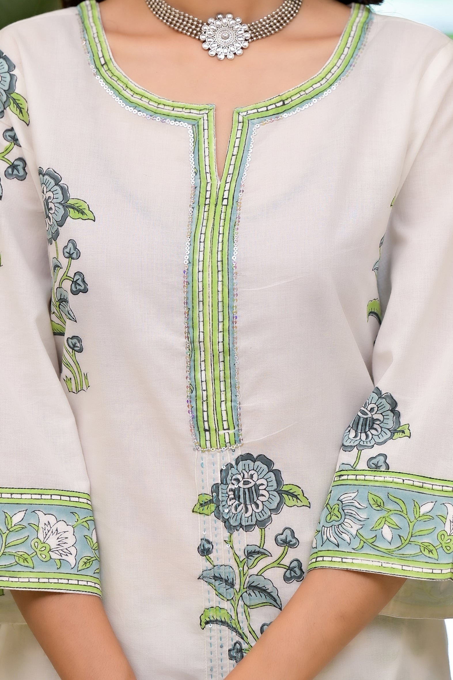 White and Green Cotton Mughal Floral Block Printed Kurta Pant Set With Dupatta