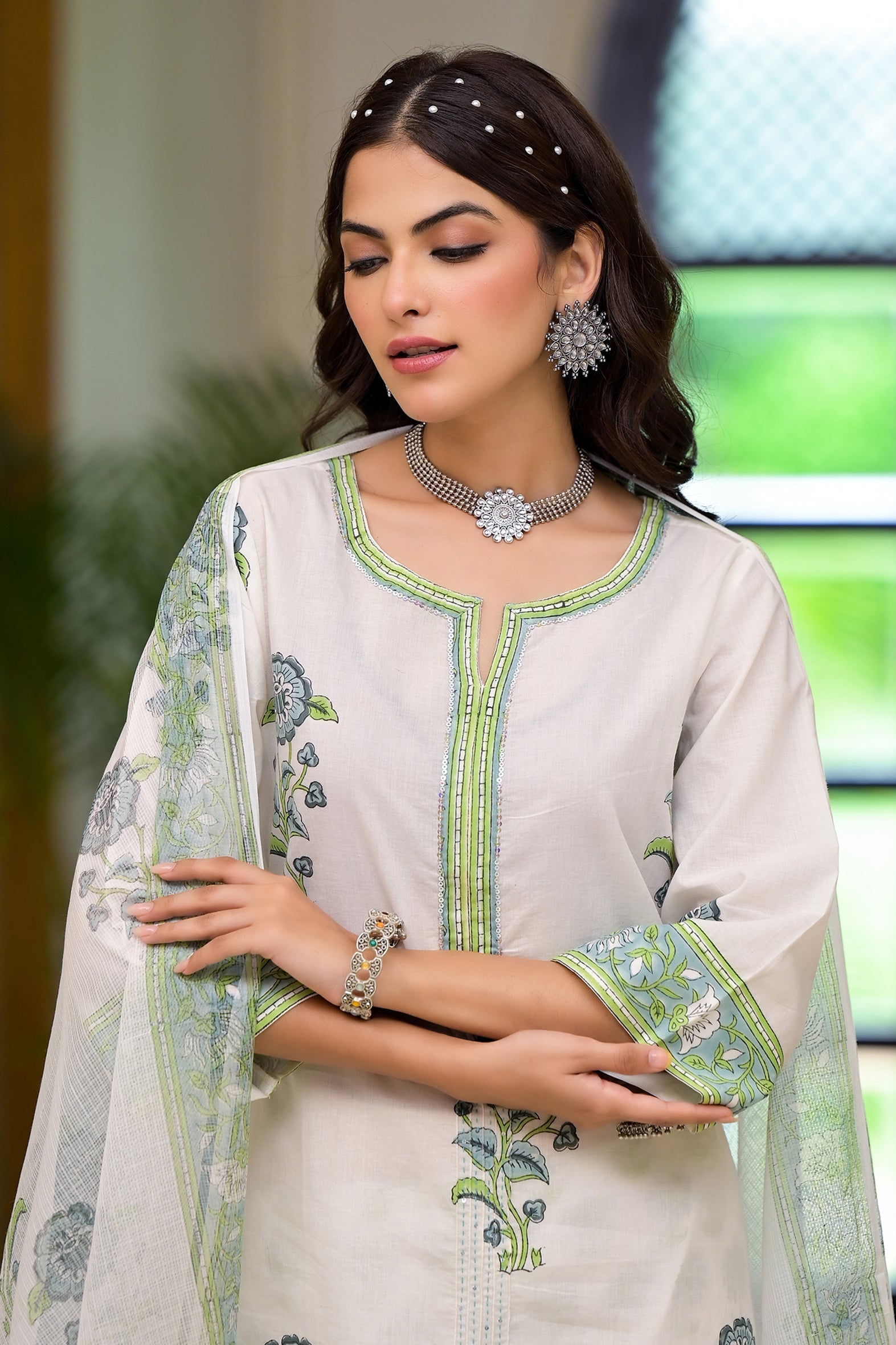 White and Green Cotton Mughal Floral Block Printed Kurta Pant Set With Dupatta