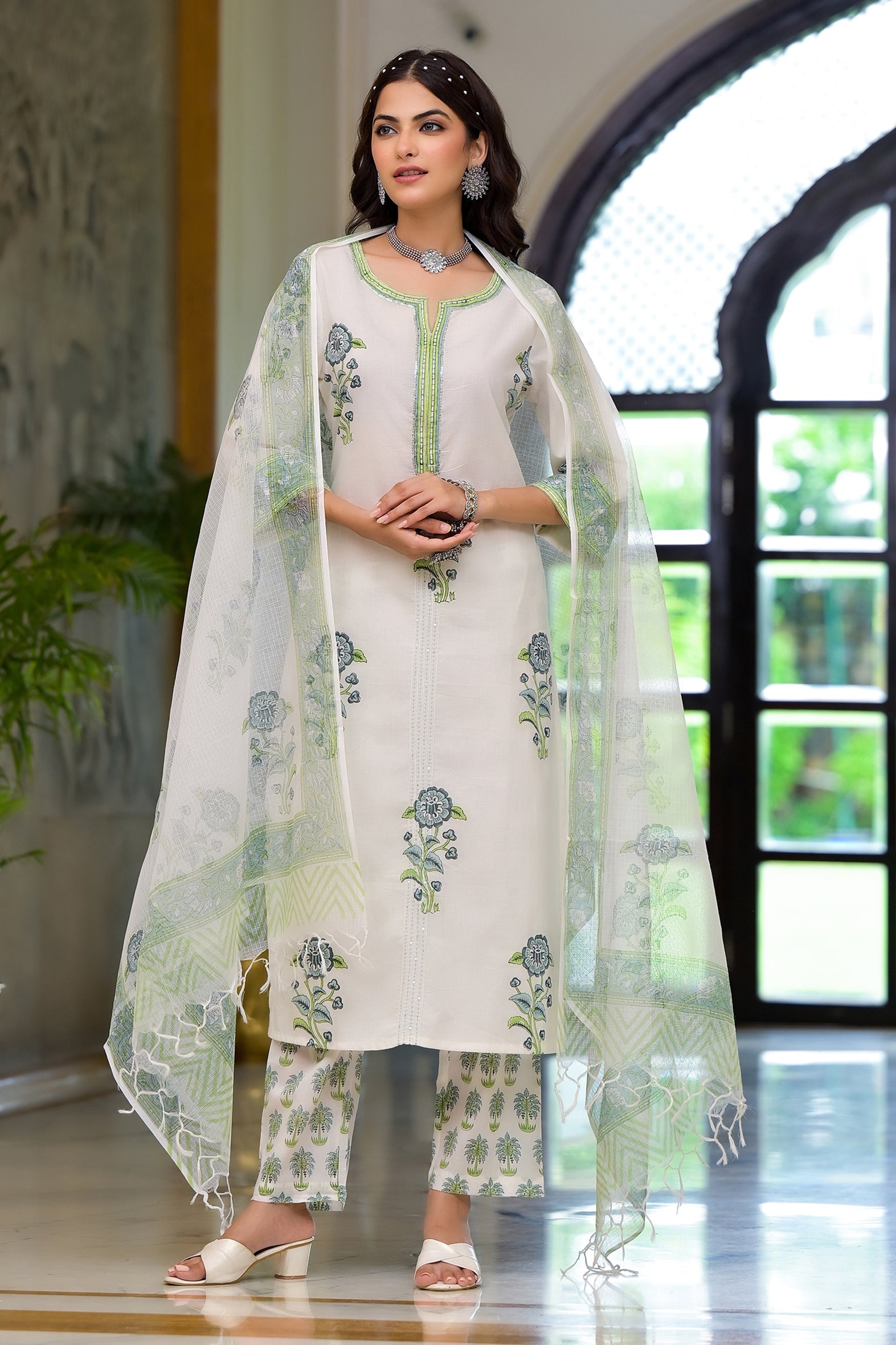 White and Green Cotton Mughal Floral Block Printed Kurta Pant Set With Dupatta