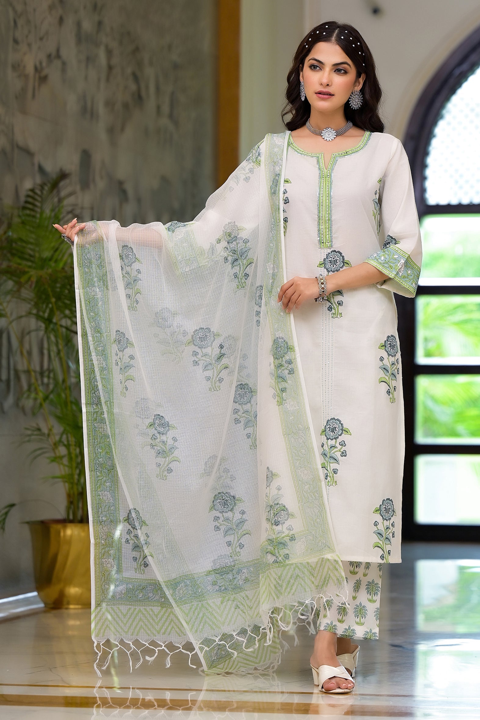 White and Green Cotton Mughal Floral Block Printed Kurta Pant Set With Dupatta