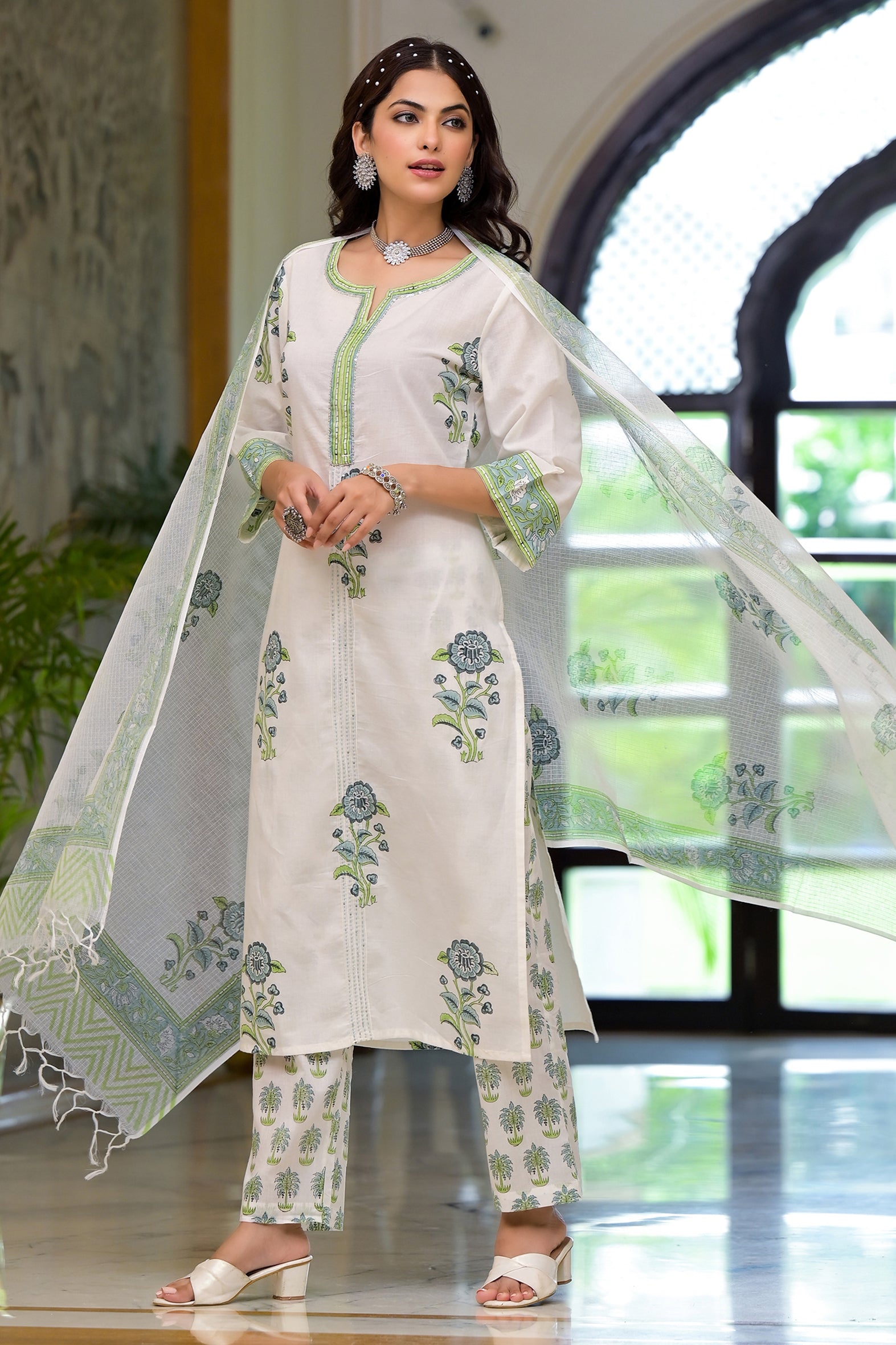 White and Green Cotton Mughal Floral Block Printed Kurta Pant Set With Dupatta