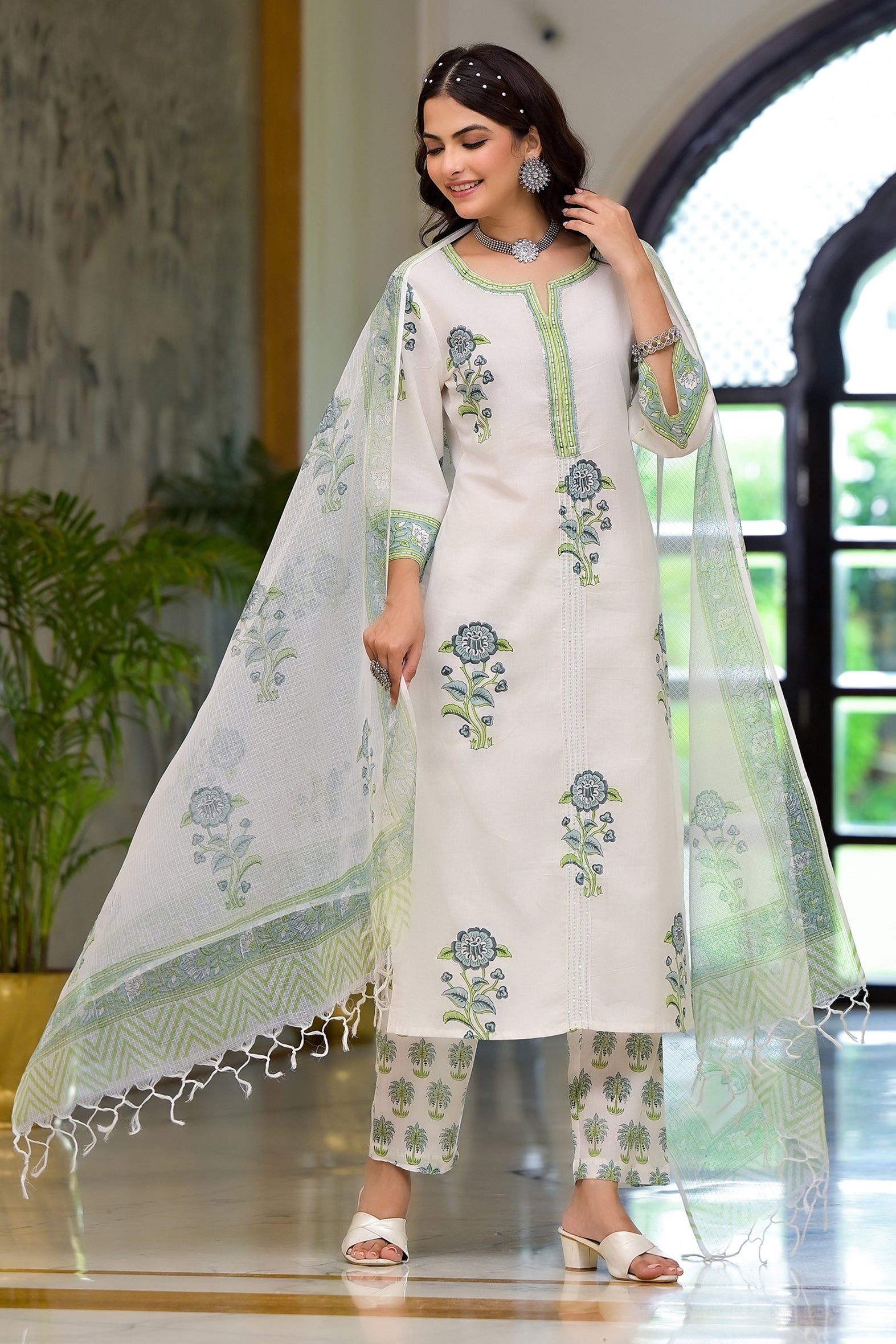 White and Green Cotton Mughal Floral Block Printed Kurta Pant Set With Dupatta