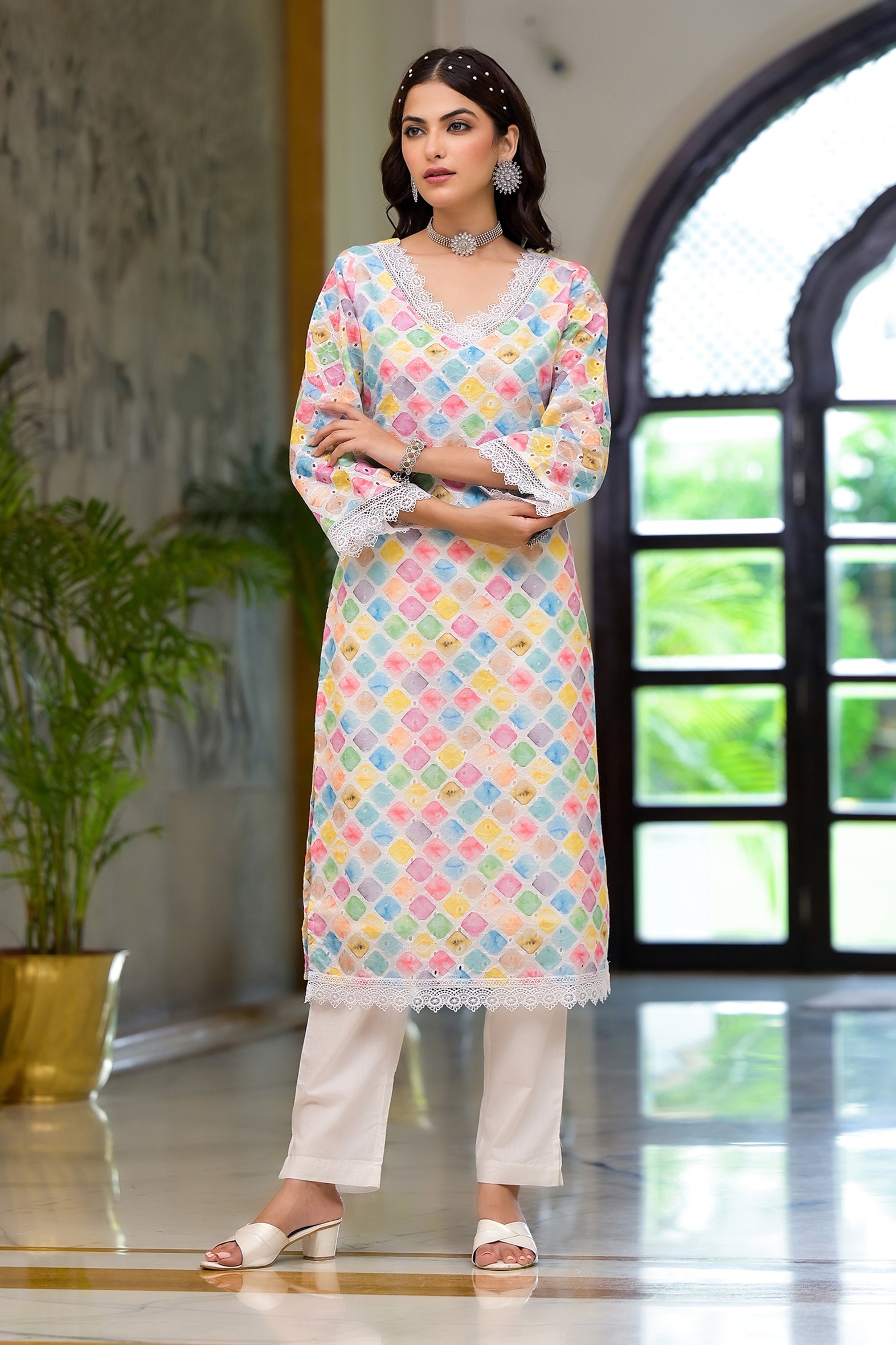 Multi Print Schifili Kurta Pant Set with Lace Detail