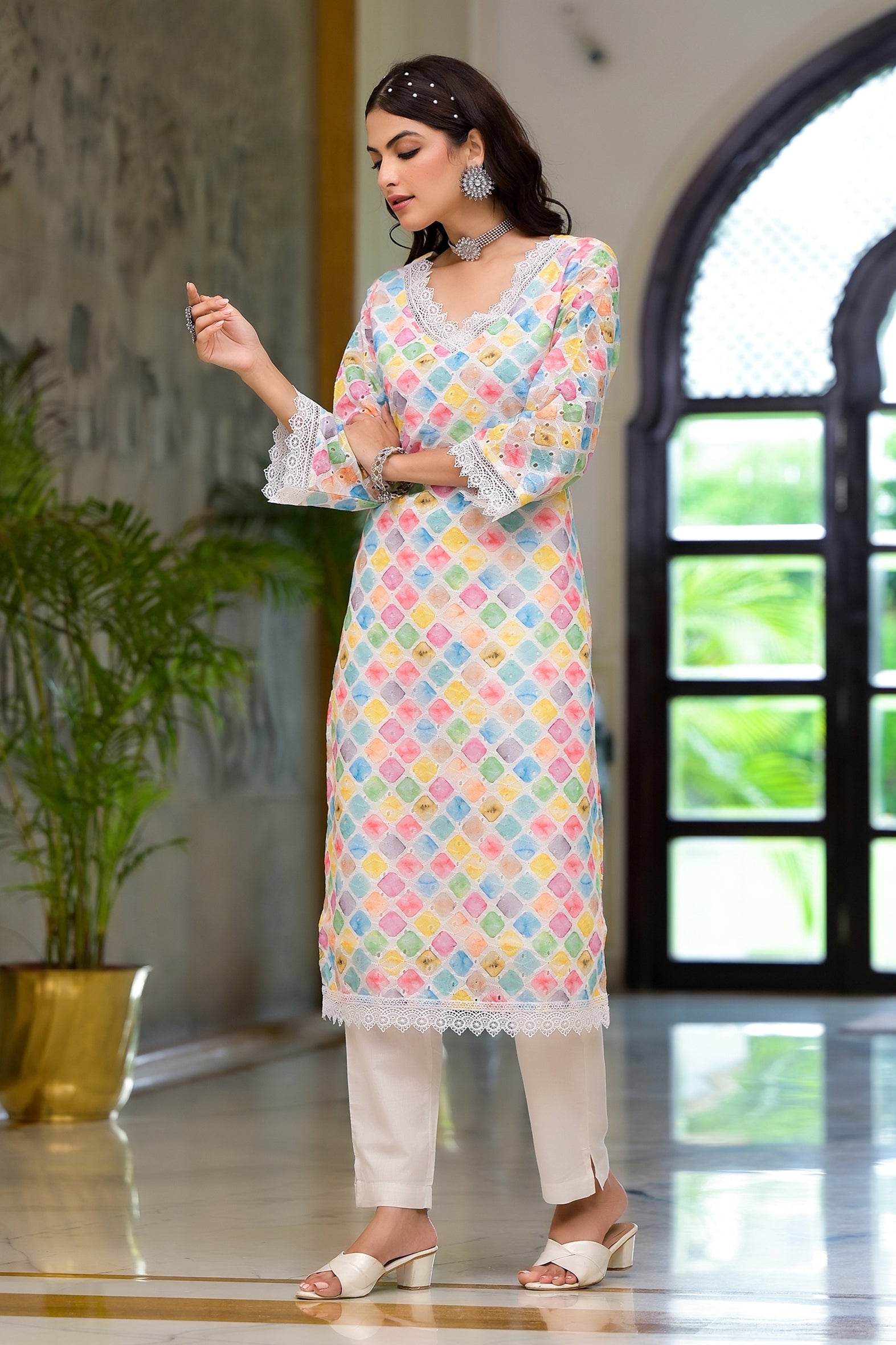 Multi Print Schifili Kurta Pant Set with Lace Detail