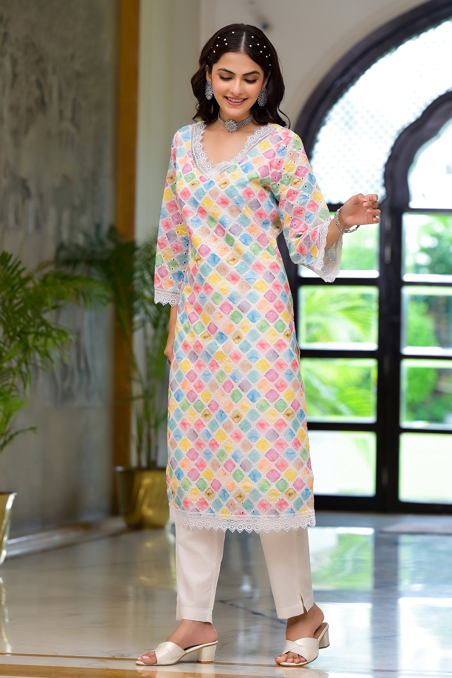 Multi Print Schifili Kurta Pant Set with Lace Detail