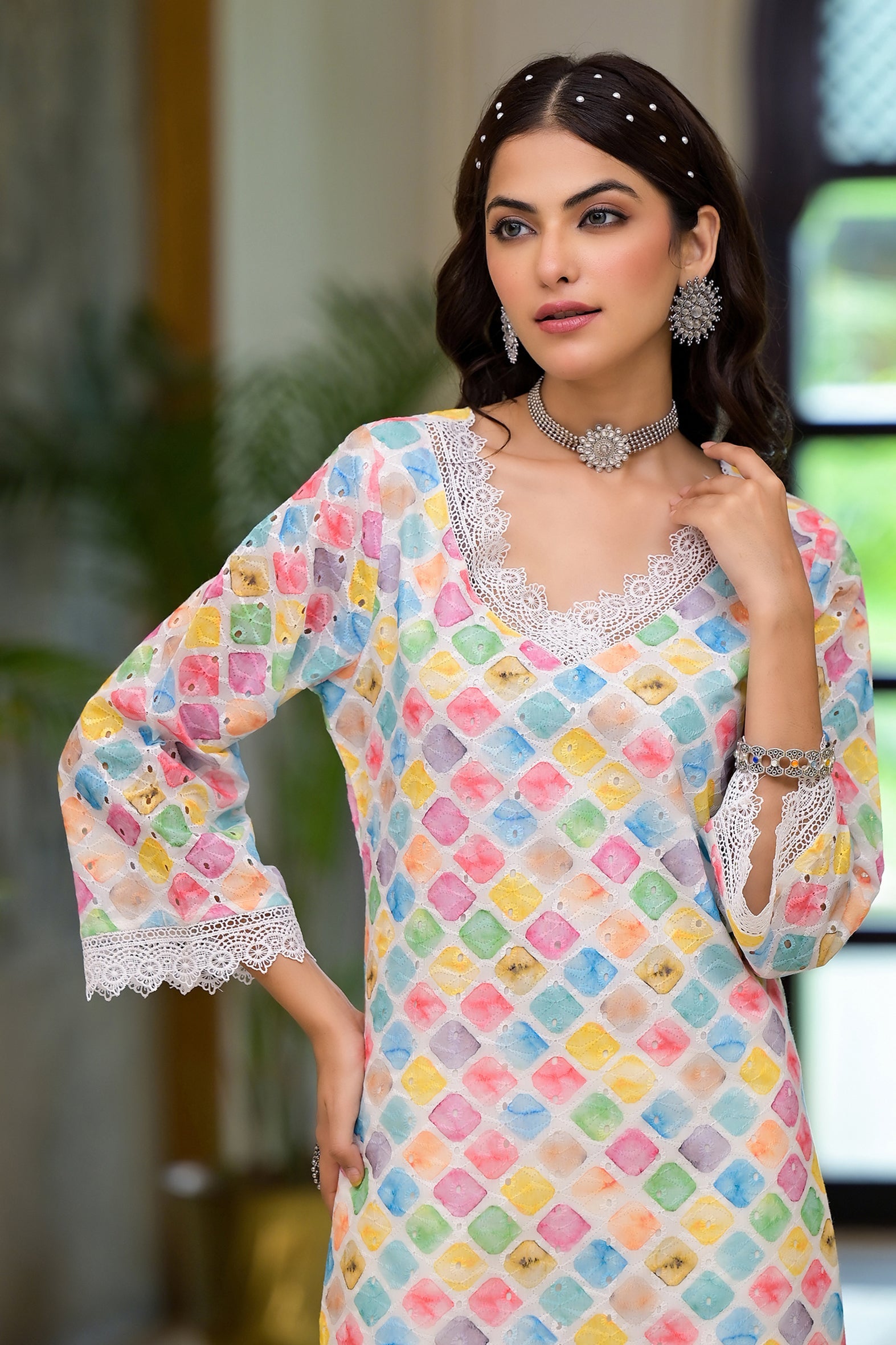 Multi Print Schifili Kurta Pant Set with Lace Detail