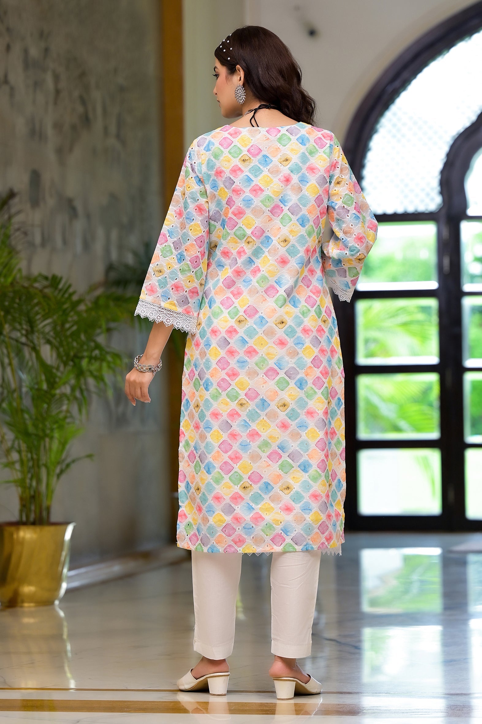Multi Print Schifili Kurta Pant Set with Lace Detail