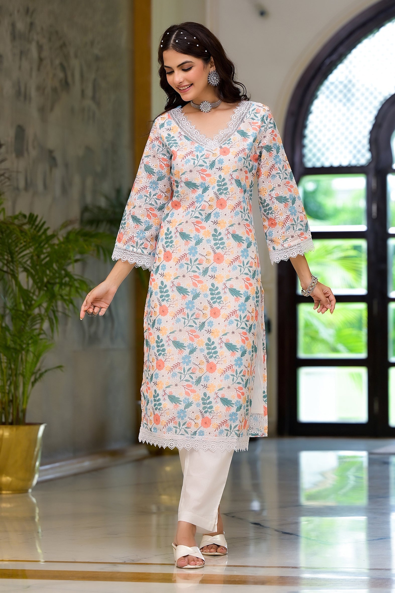 Multi Floral Schifili Kurta Pant Set with Lace Detail