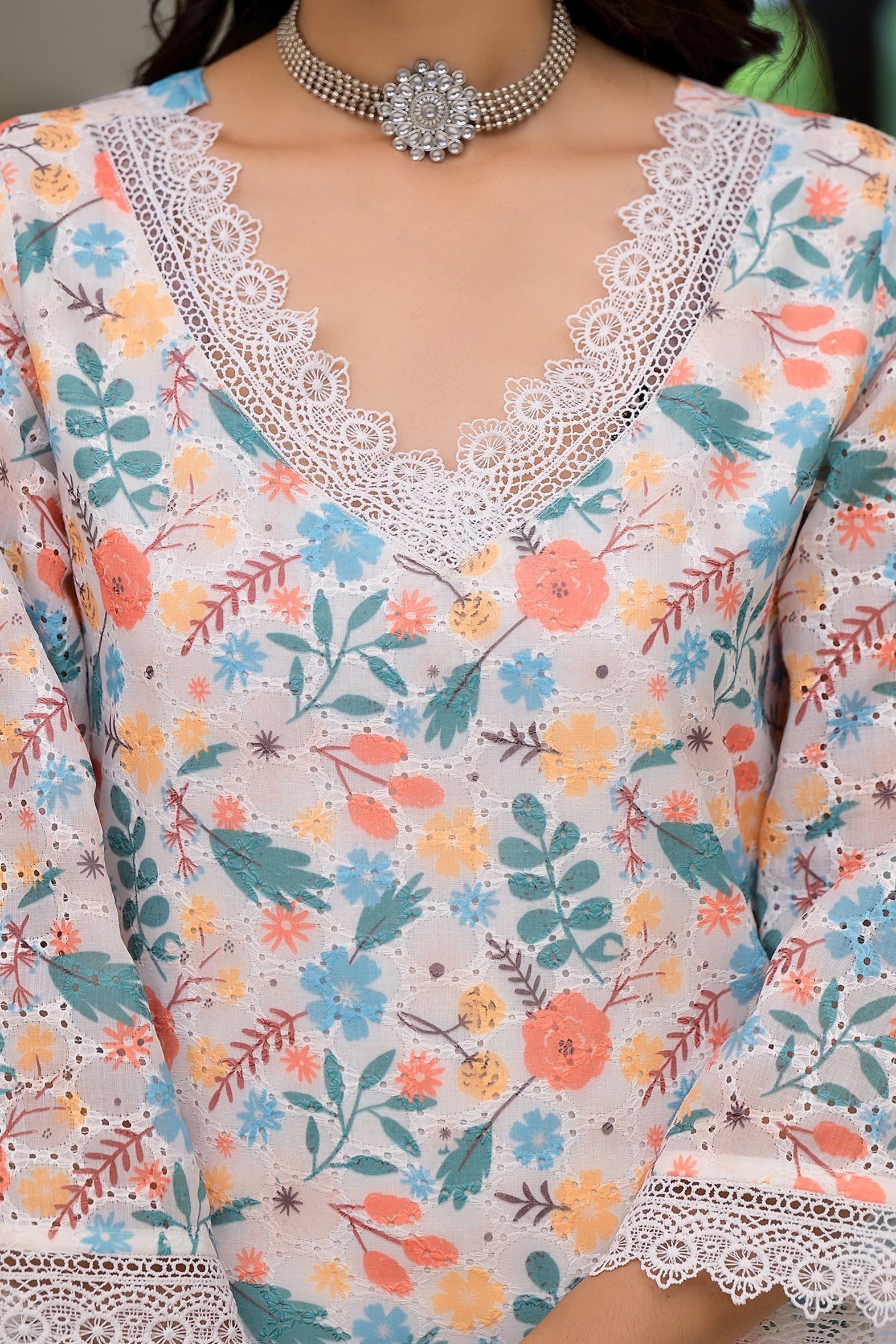 Multi Floral Schifili Kurta Pant Set with Lace Detail