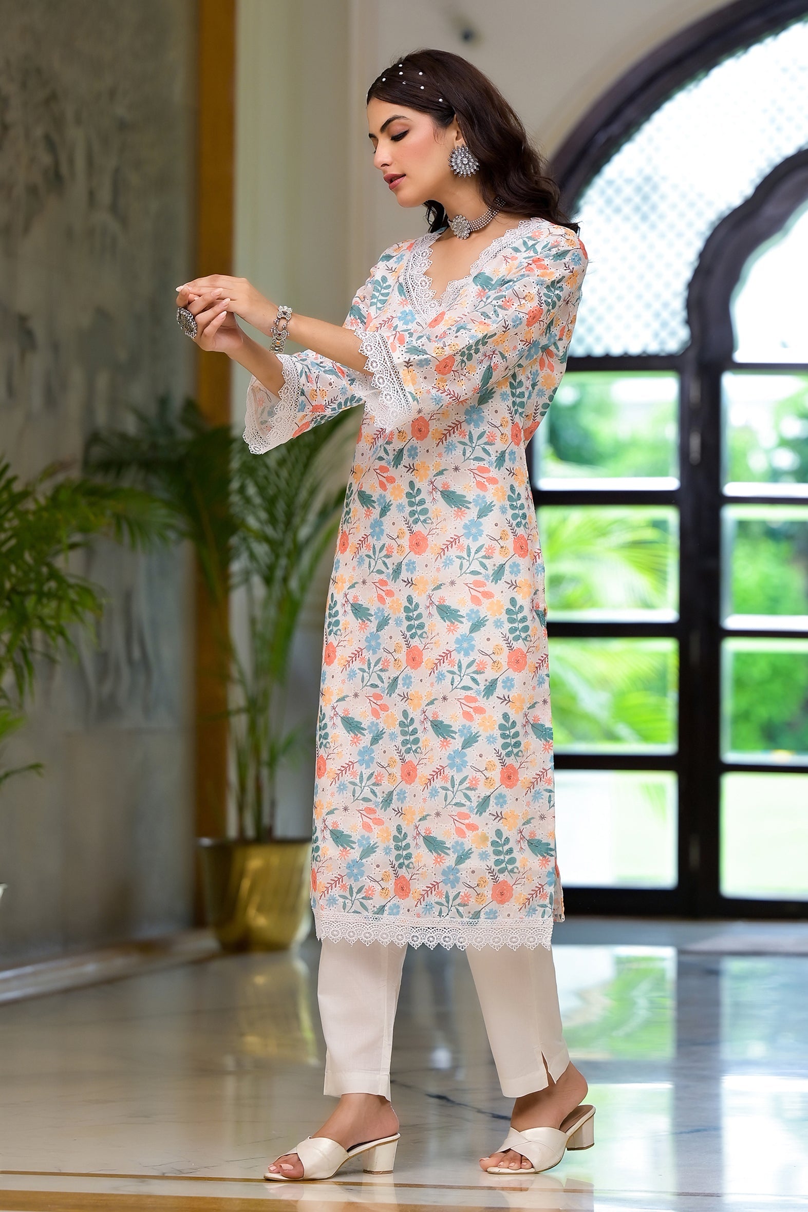 Multi Floral Schifili Kurta Pant Set with Lace Detail