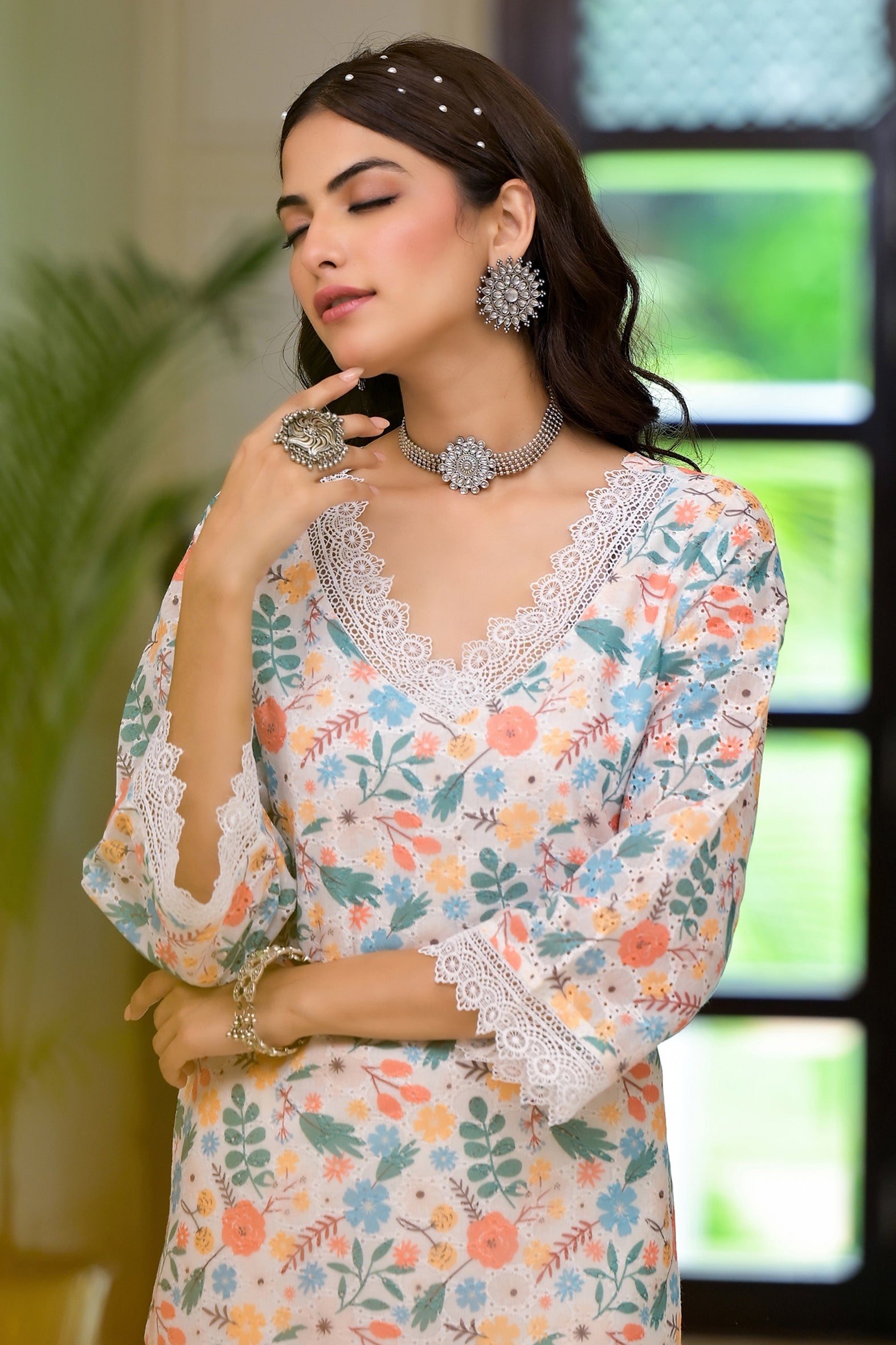 Multi Floral Schifili Kurta Pant Set with Lace Detail