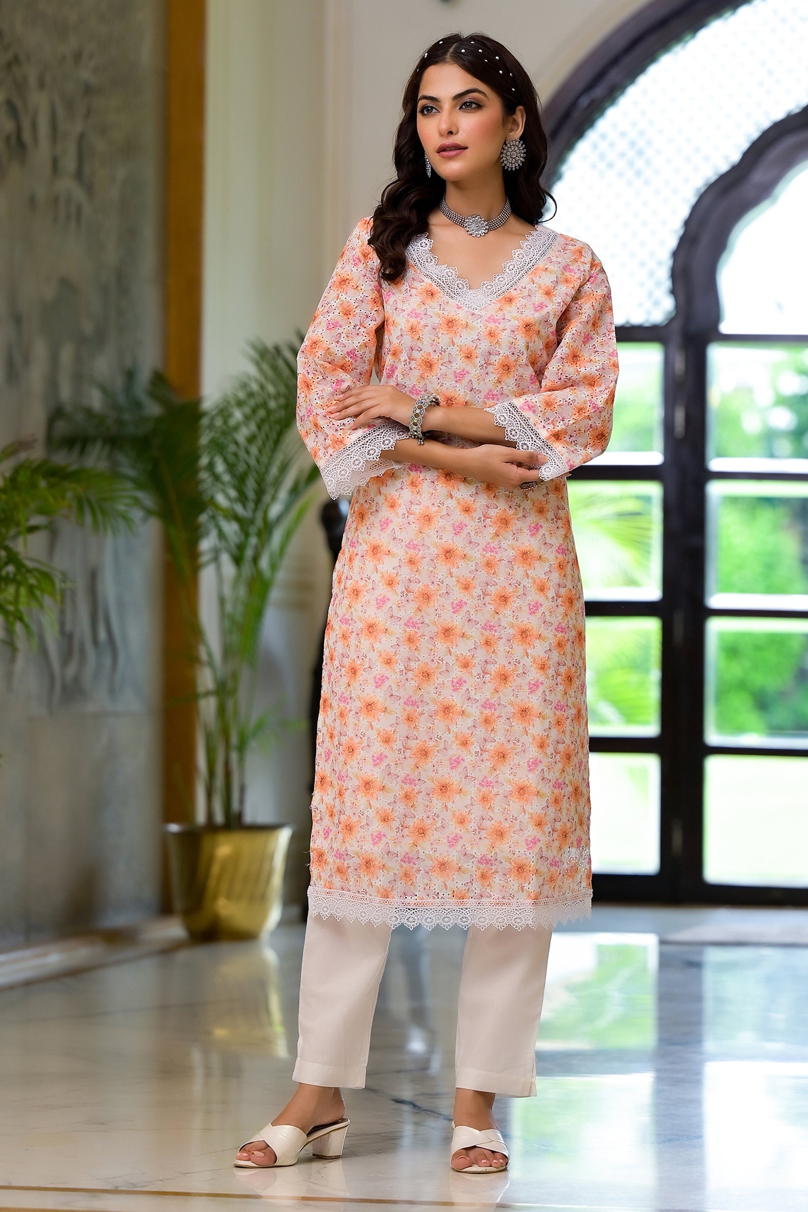 Peach Multi Print Schifili Kurta Pant Set with Lace Detail