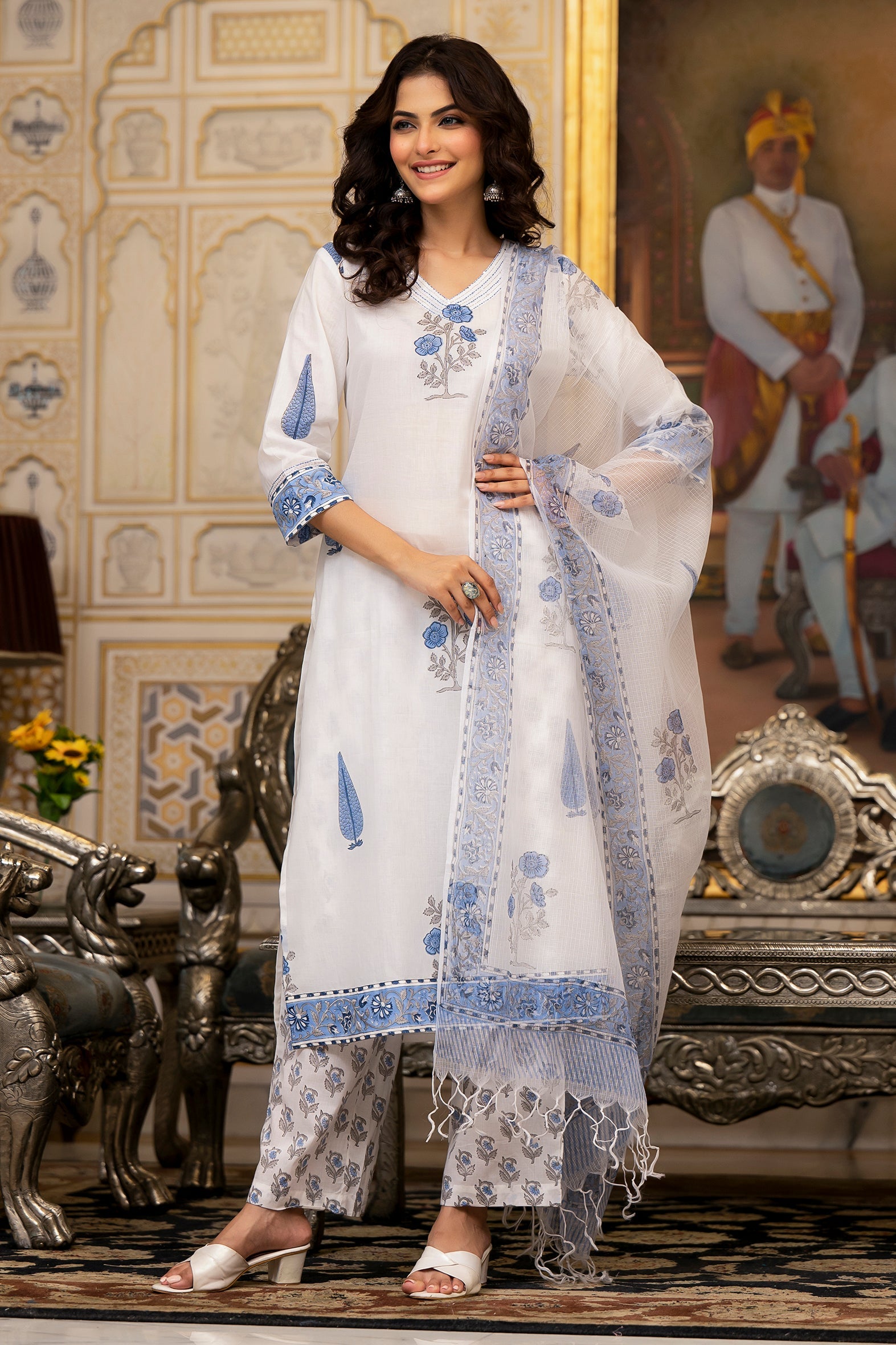 White and Blue Cotton Mughal Floral Block Printed Kurta Pant Set With White Dupatta