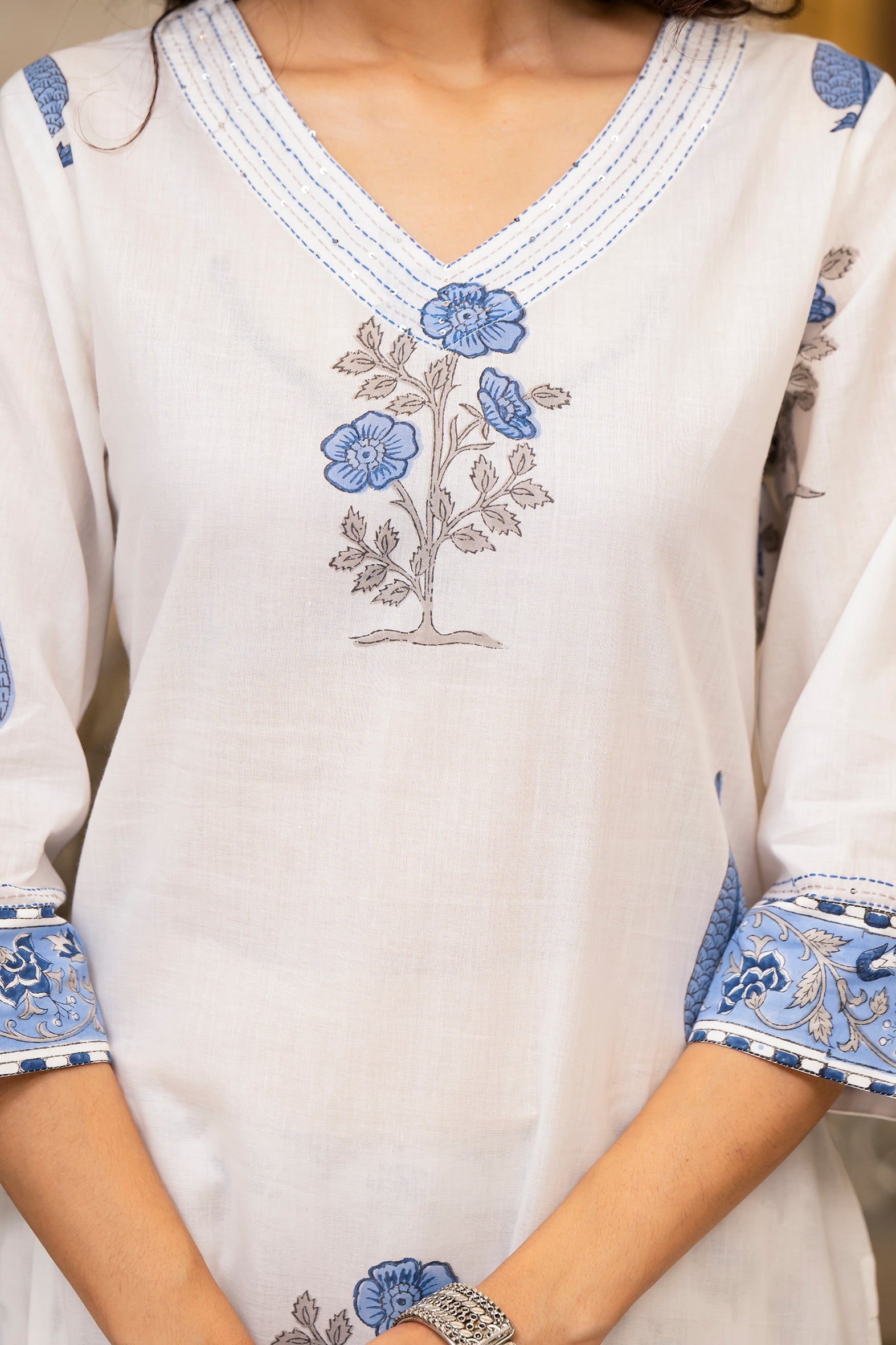 White and Blue Cotton Mughal Floral Block Printed Kurta Pant Set With White Dupatta