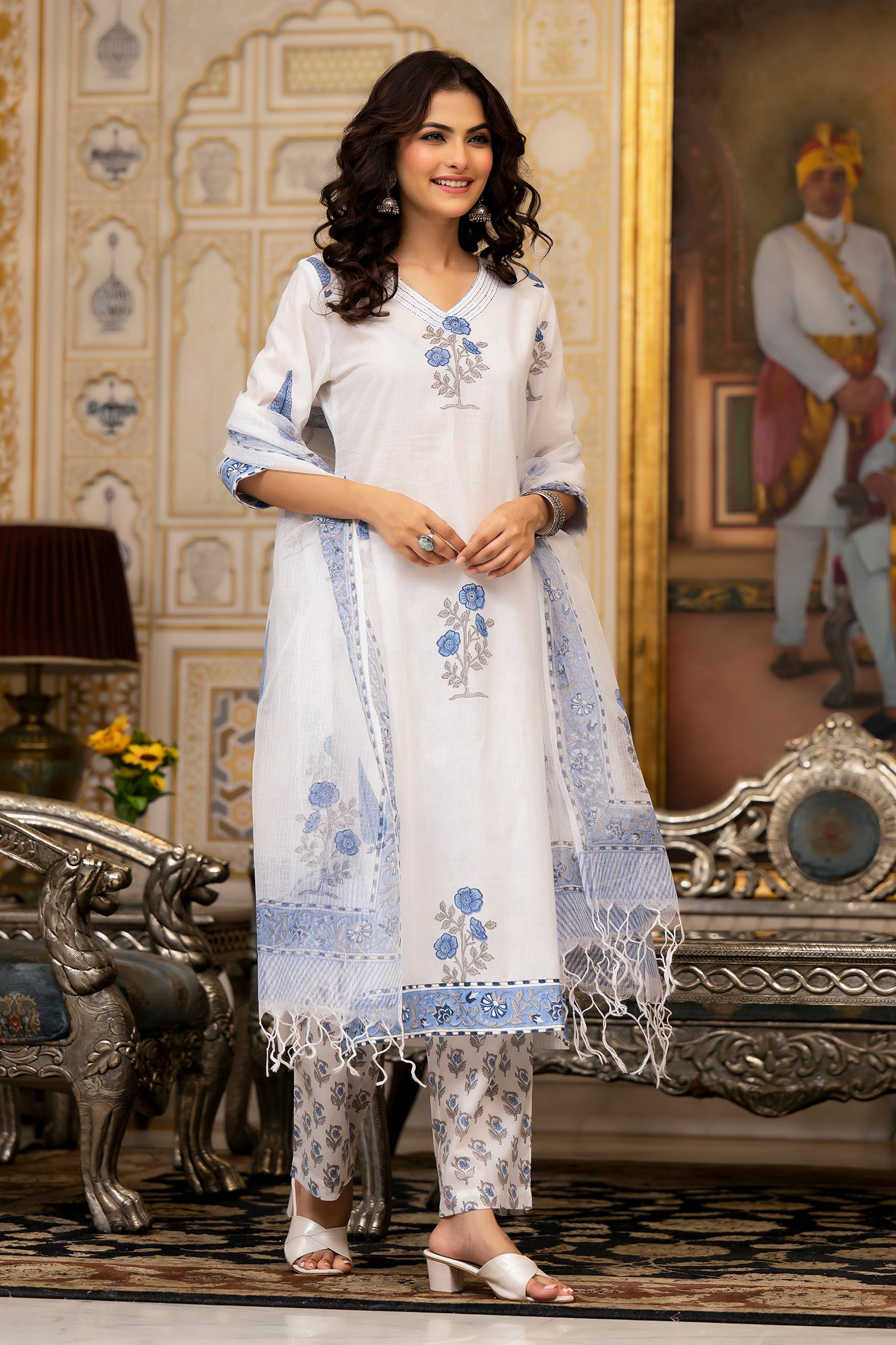 White and Blue Cotton Mughal Floral Block Printed Kurta Pant Set With White Dupatta