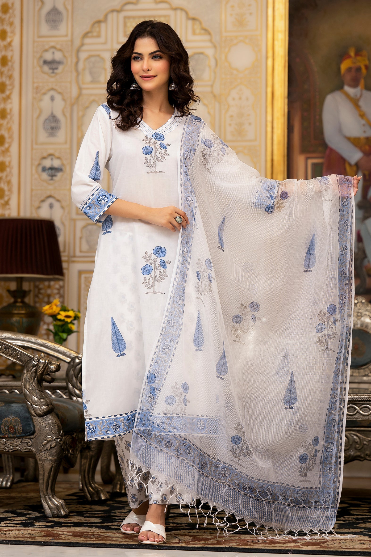 White and Blue Cotton Mughal Floral Block Printed Kurta Pant Set With White Dupatta