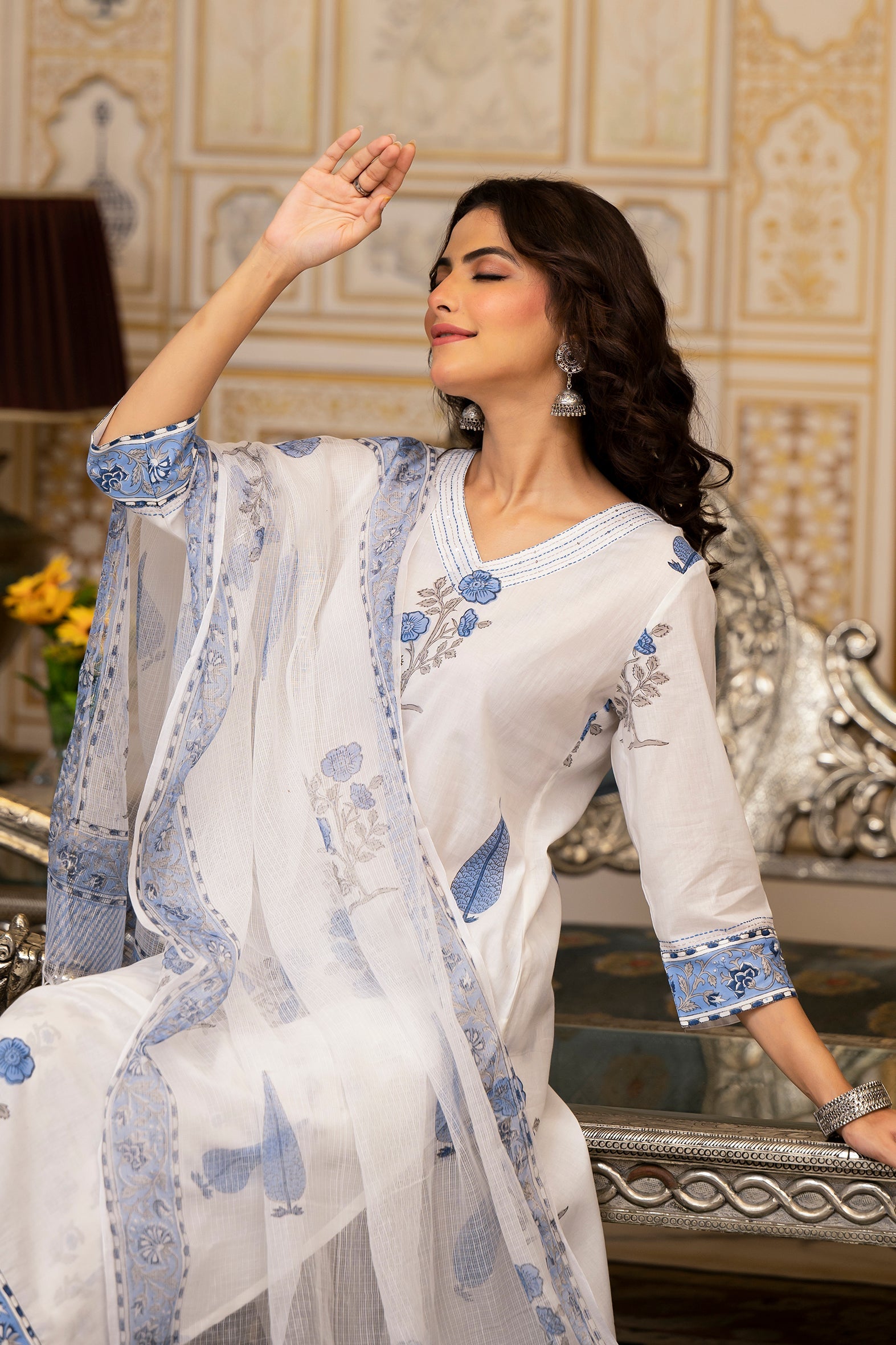 White and Blue Cotton Mughal Floral Block Printed Kurta Pant Set With White Dupatta