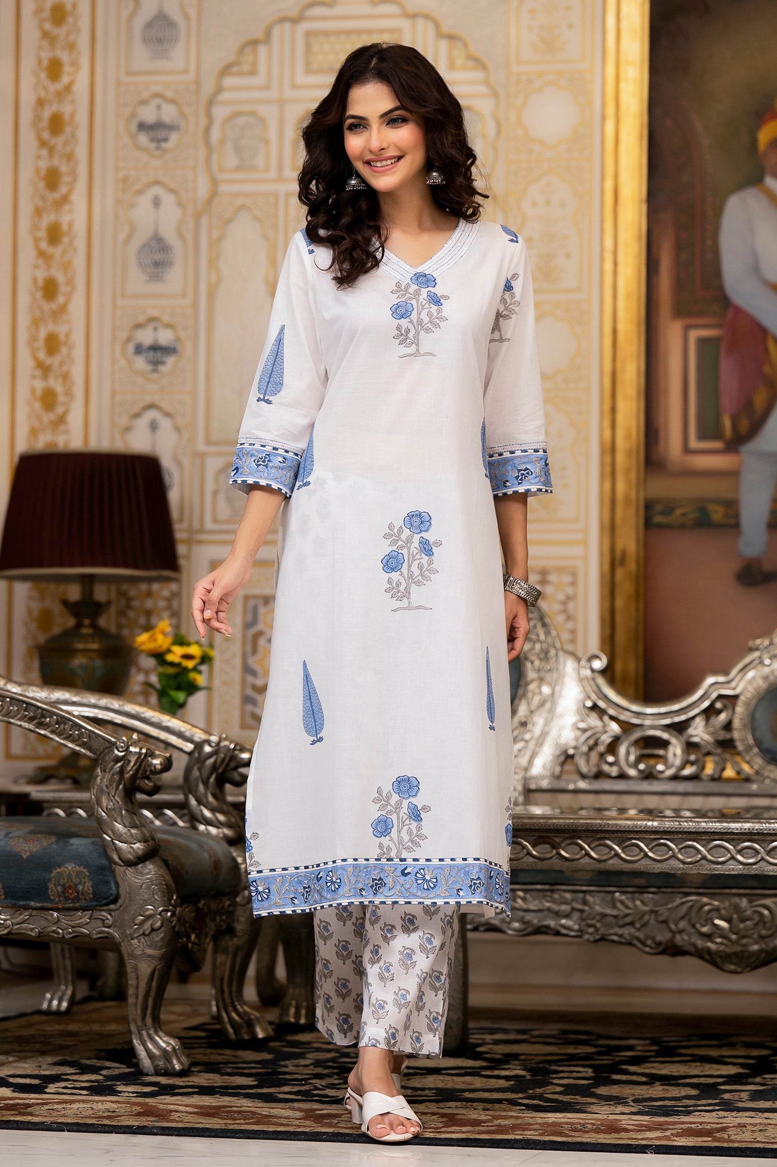White and Blue Cotton Mughal Floral Block Printed Kurta Pant Set With White Dupatta