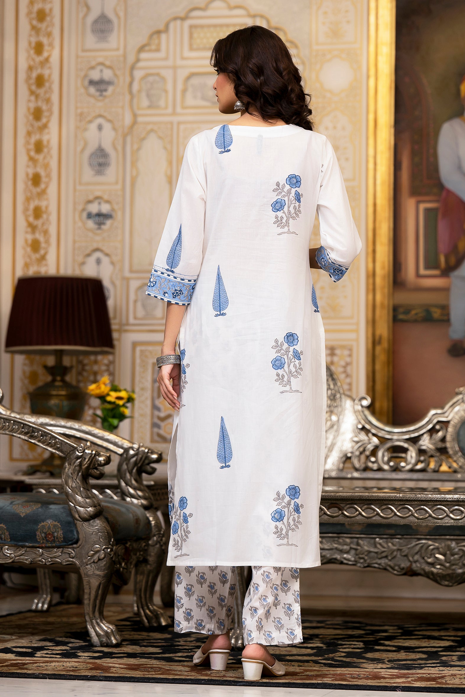 White and Blue Cotton Mughal Floral Block Printed Kurta Pant Set With White Dupatta