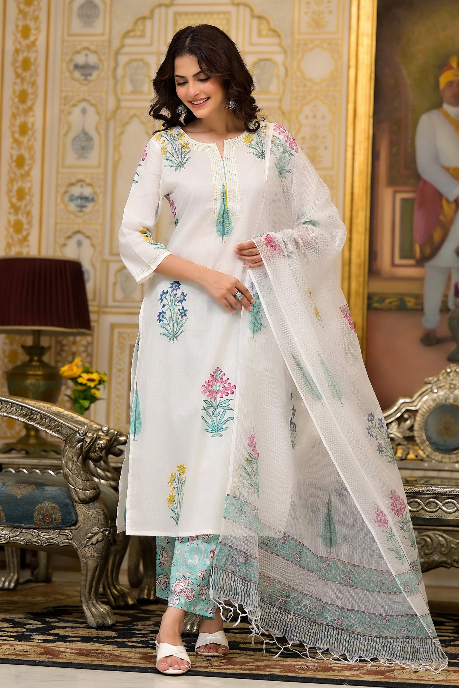 White Cotton Mughal Green and Yellow Floral Block Printed Kurta Pant Set With Dupatta