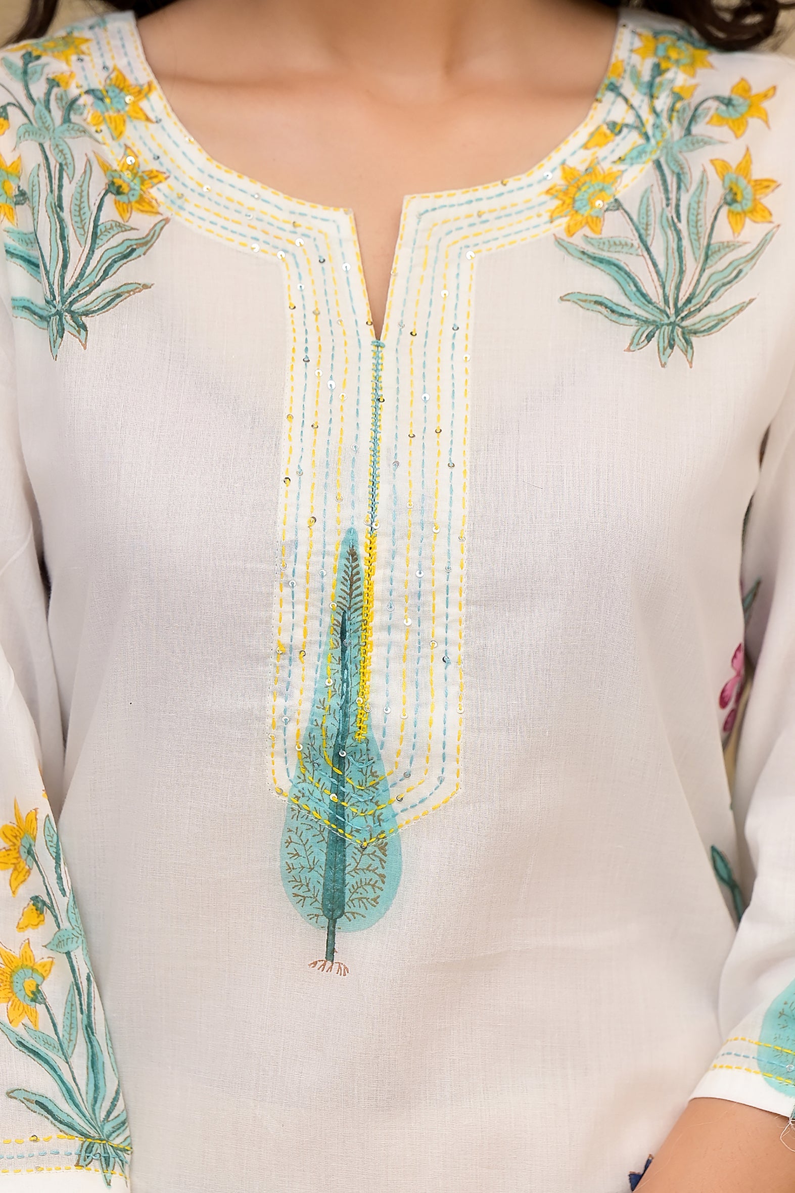 White Cotton Mughal Green and Yellow Floral Block Printed Kurta Pant Set With Dupatta