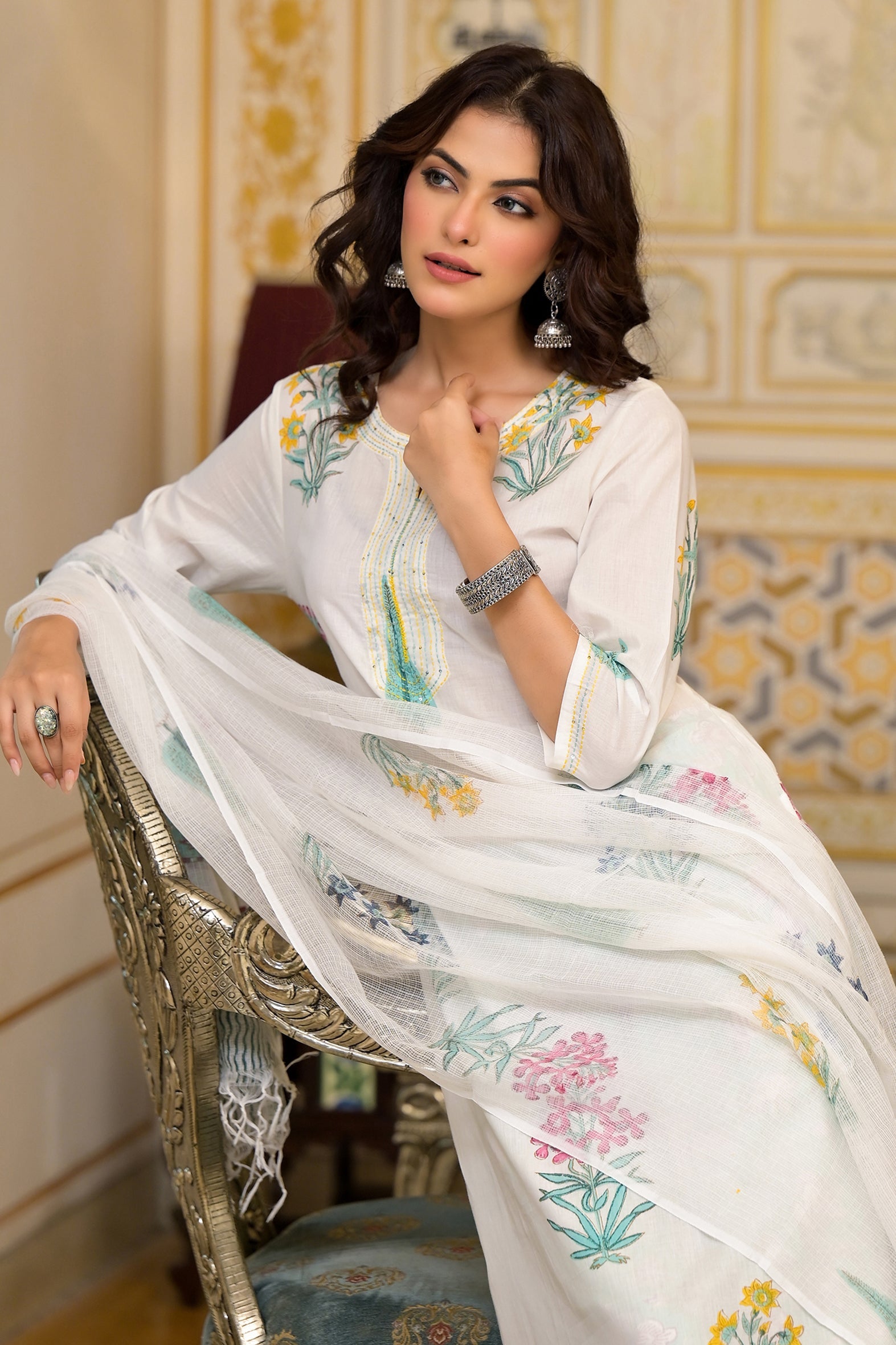 White Cotton Mughal Green and Yellow Floral Block Printed Kurta Pant Set With Dupatta