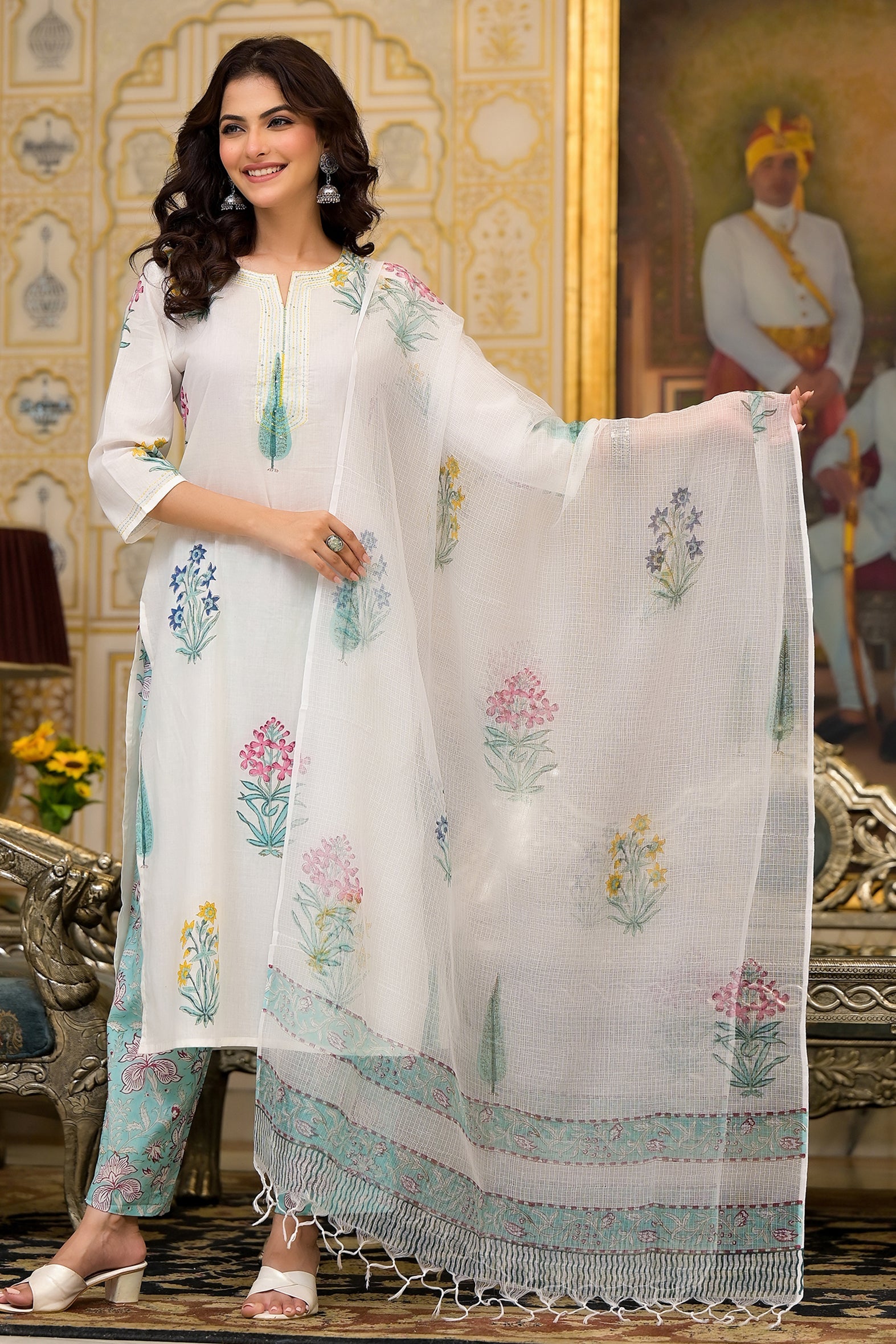White Cotton Mughal Green and Yellow Floral Block Printed Kurta Pant Set With Dupatta