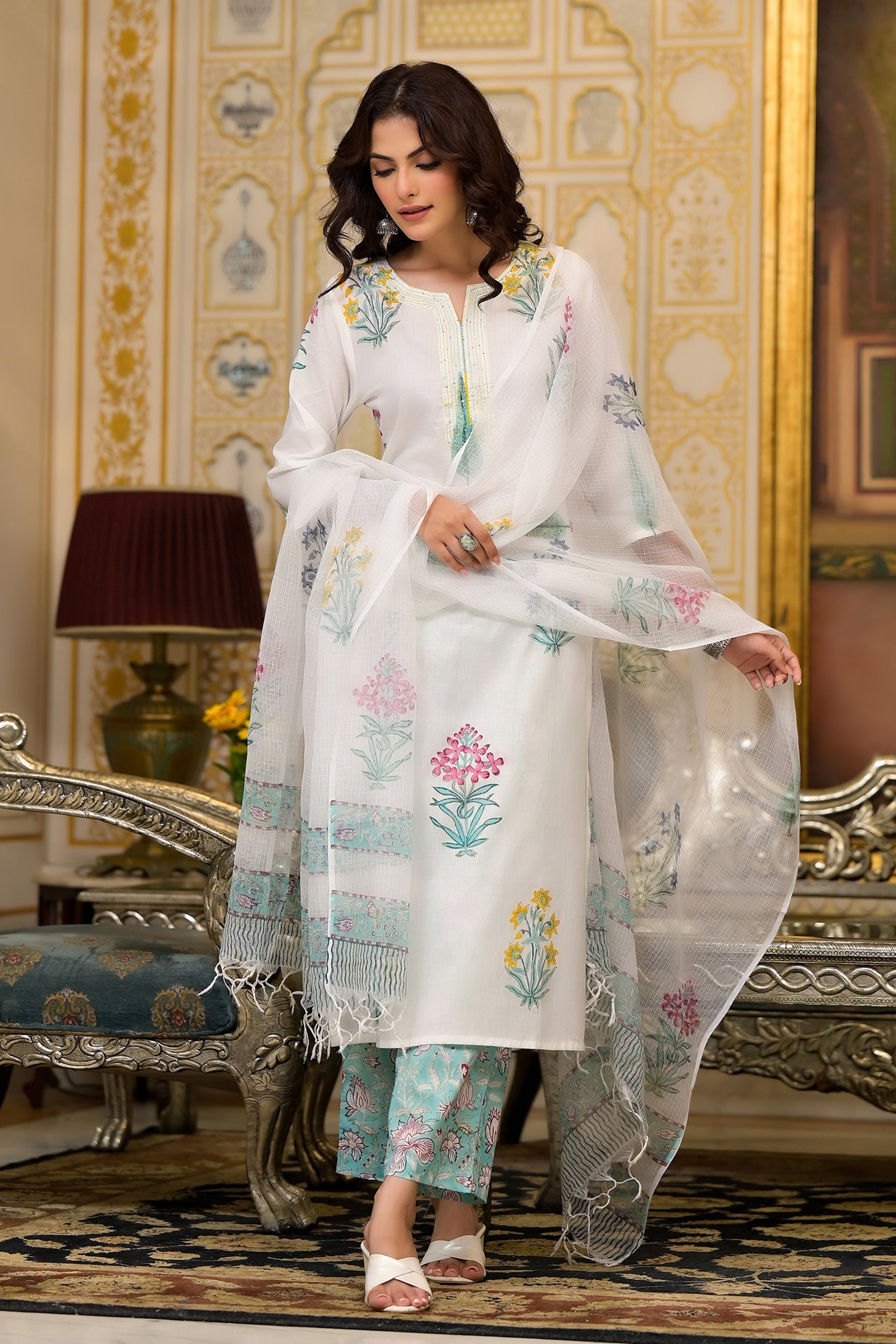 White Cotton Mughal Green and Yellow Floral Block Printed Kurta Pant Set With Dupatta