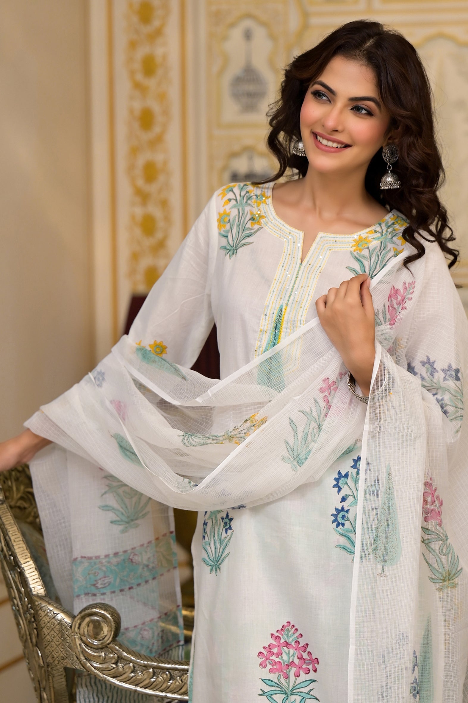 White Cotton Mughal Green and Yellow Floral Block Printed Kurta Pant Set With Dupatta