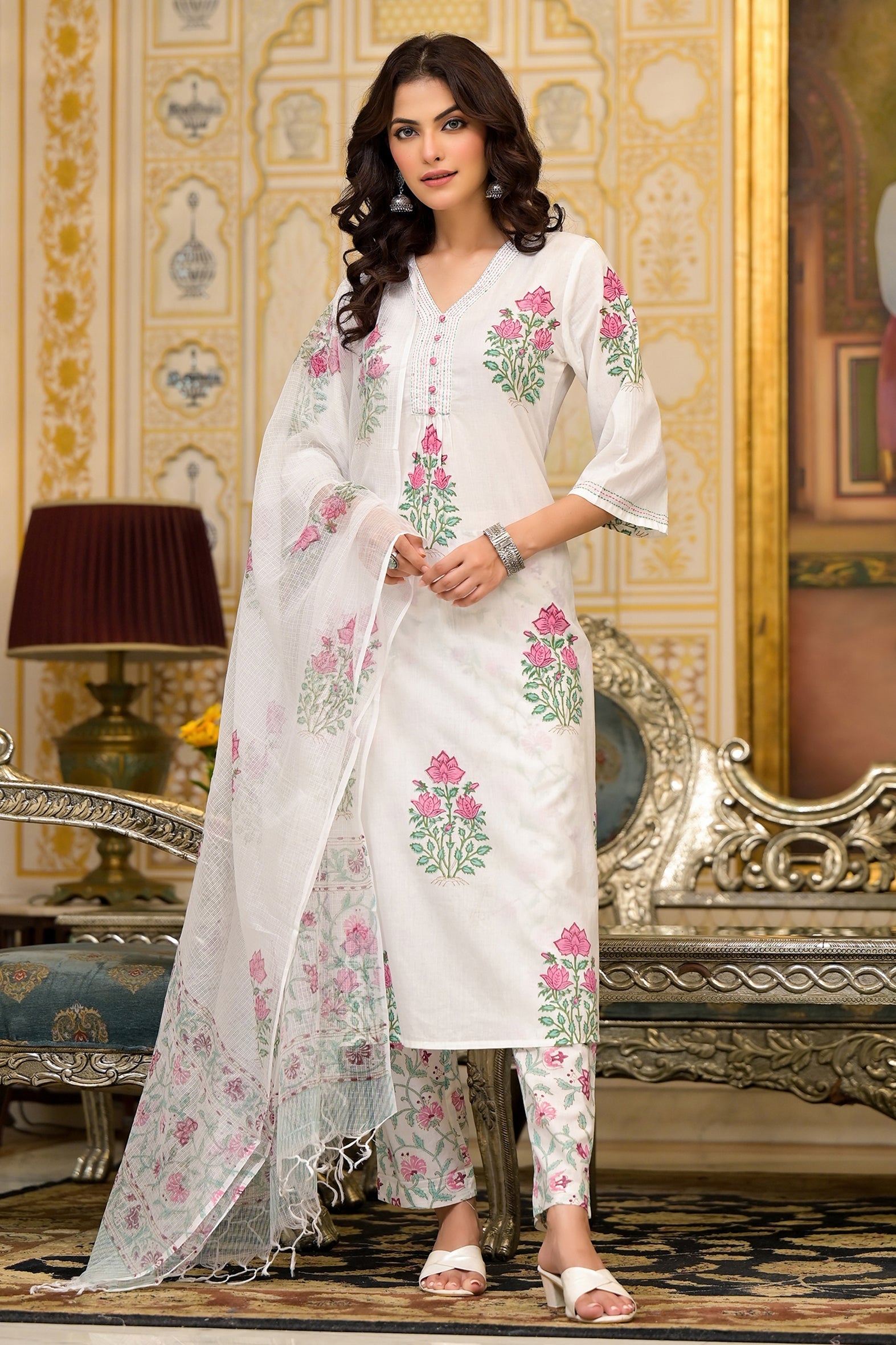 White and Pink Cotton Mughal Floral Block Printed Kurta Pant Set With Dupatta