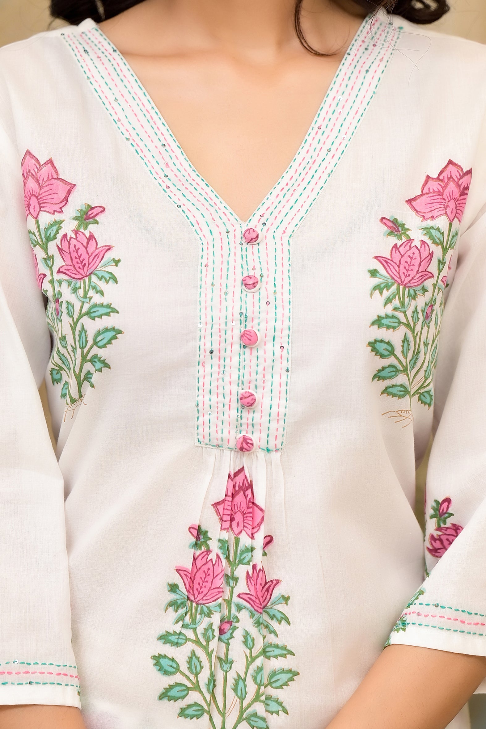 White and Pink Cotton Mughal Floral Block Printed Kurta Pant Set With Dupatta