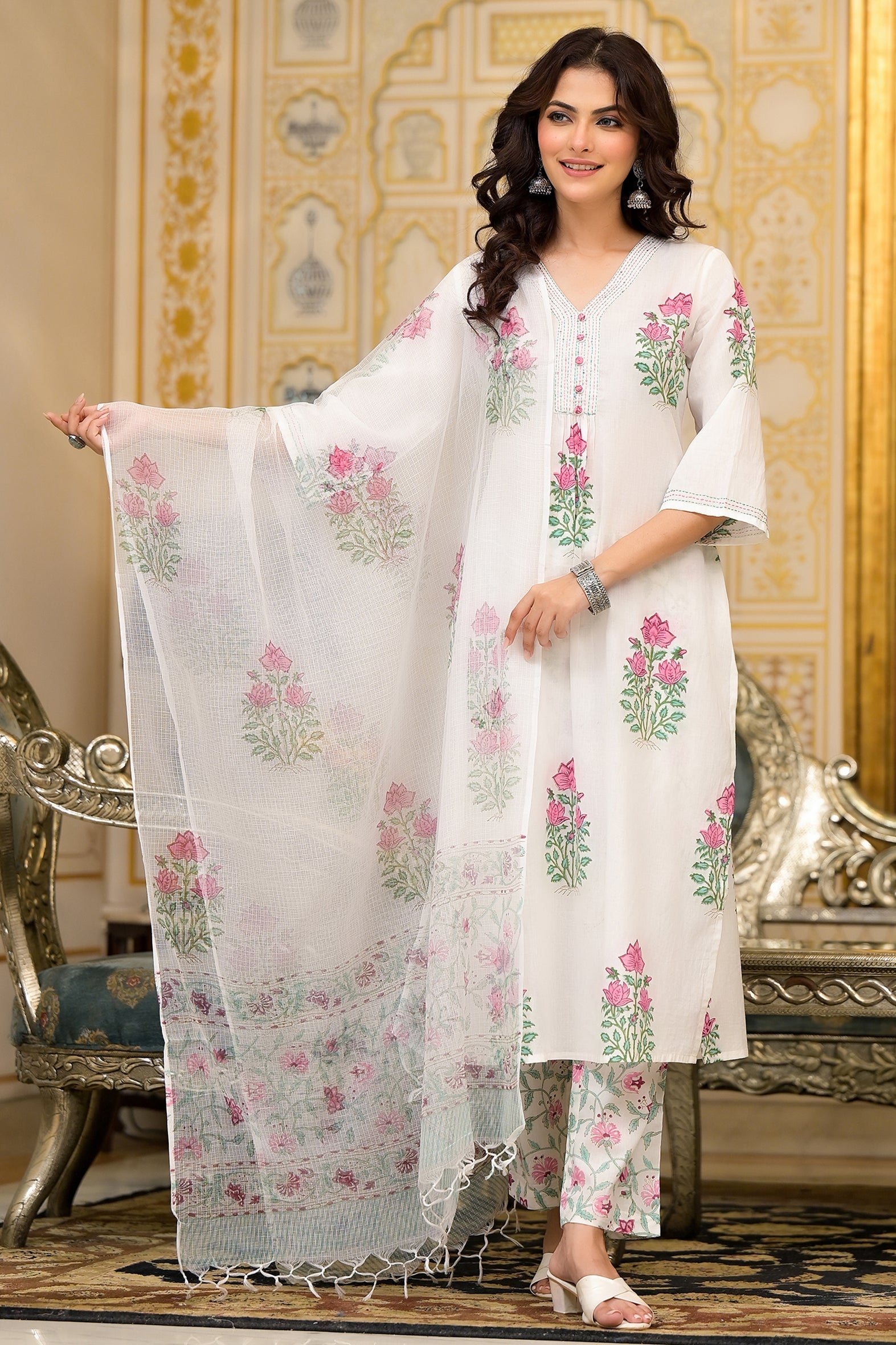 White and Pink Cotton Mughal Floral Block Printed Kurta Pant Set With Dupatta