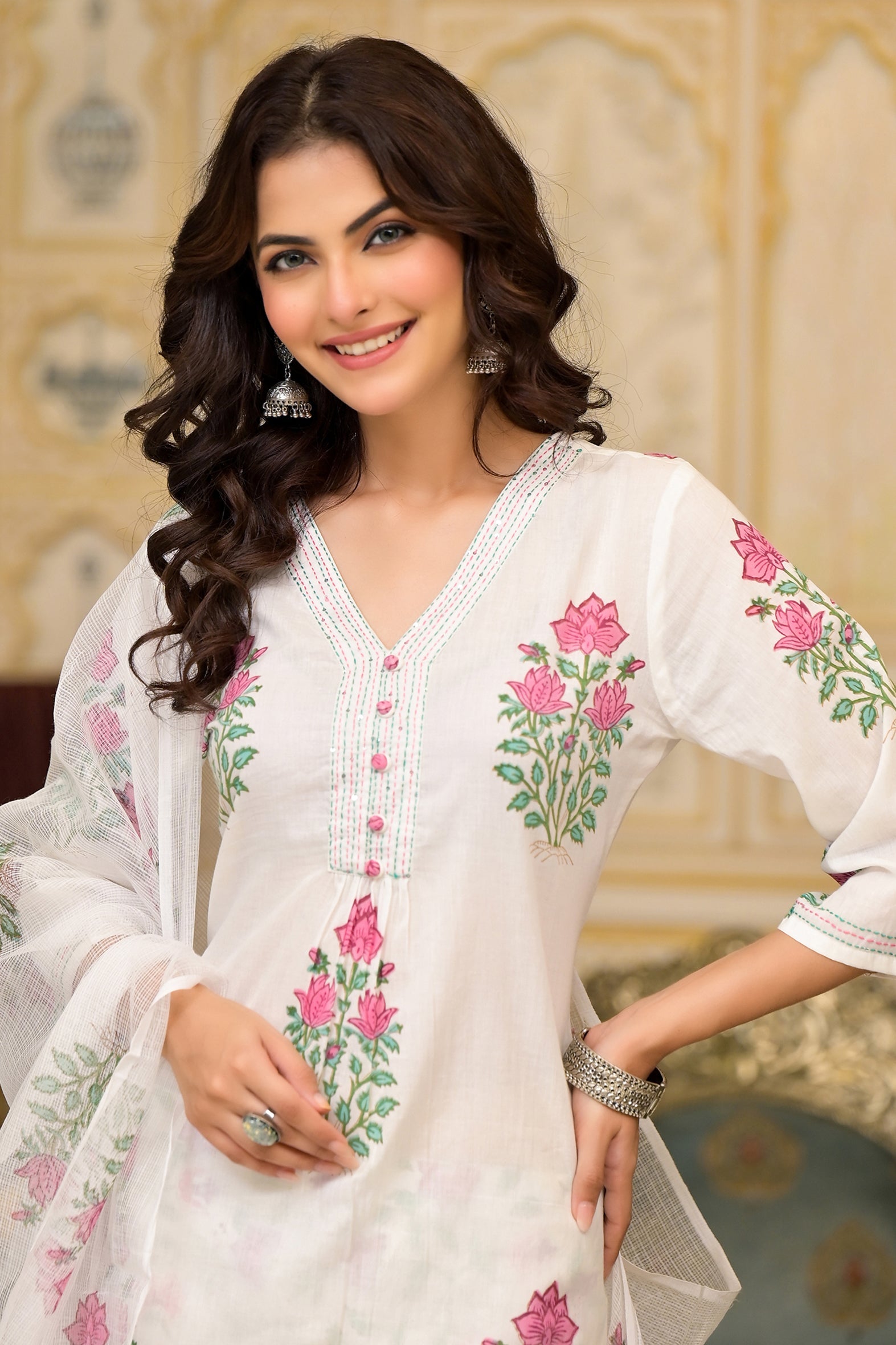 White and Pink Cotton Mughal Floral Block Printed Kurta Pant Set With Dupatta