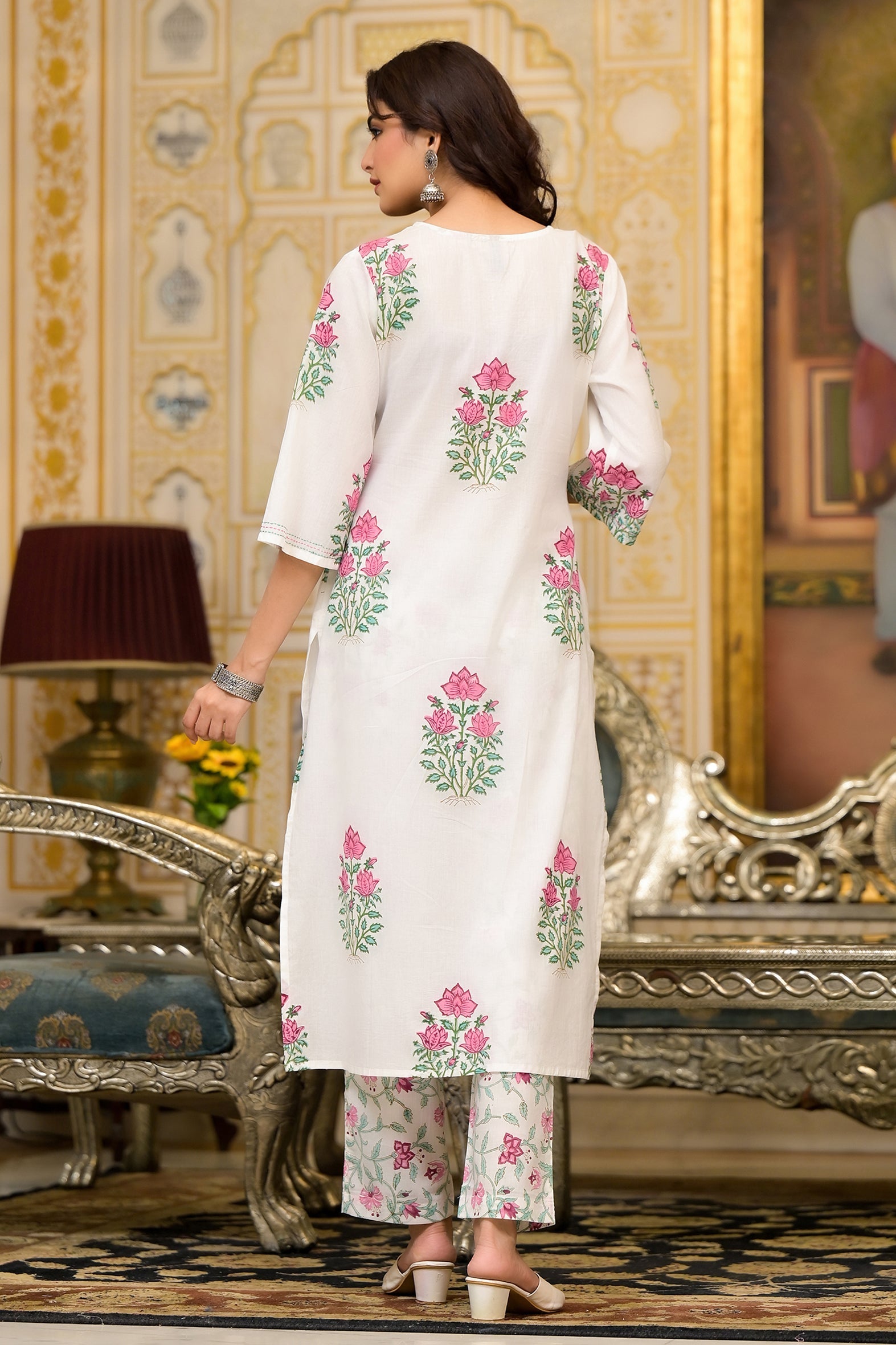 White and Pink Cotton Mughal Floral Block Printed Kurta Pant Set With Dupatta